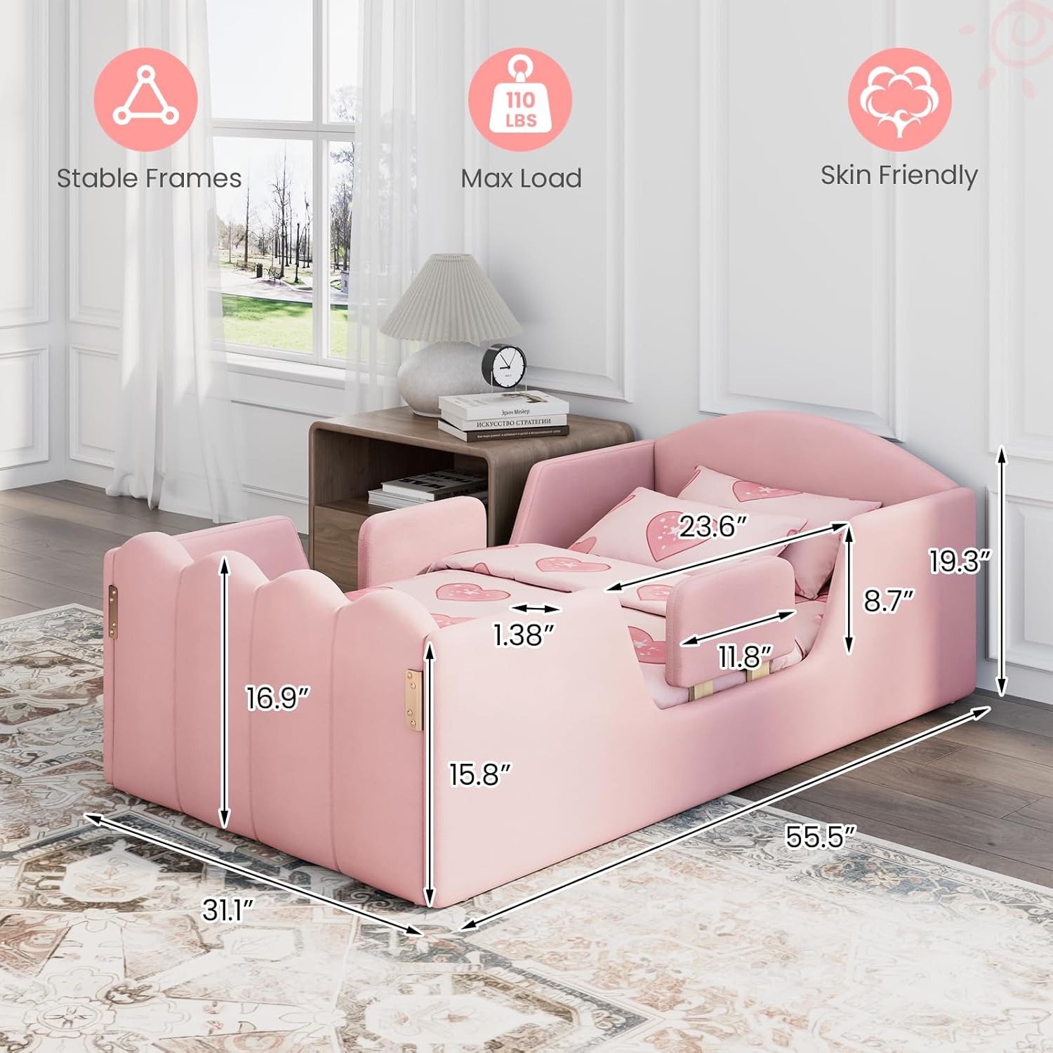 EROMMY Toddler Bed, Child Bed for Kids with Extra Safety Broad, Standard Crib Size Toddler Bed, Certified Fabric Toddler Beds,Toddler Flood Bed No Mattress(Pink)