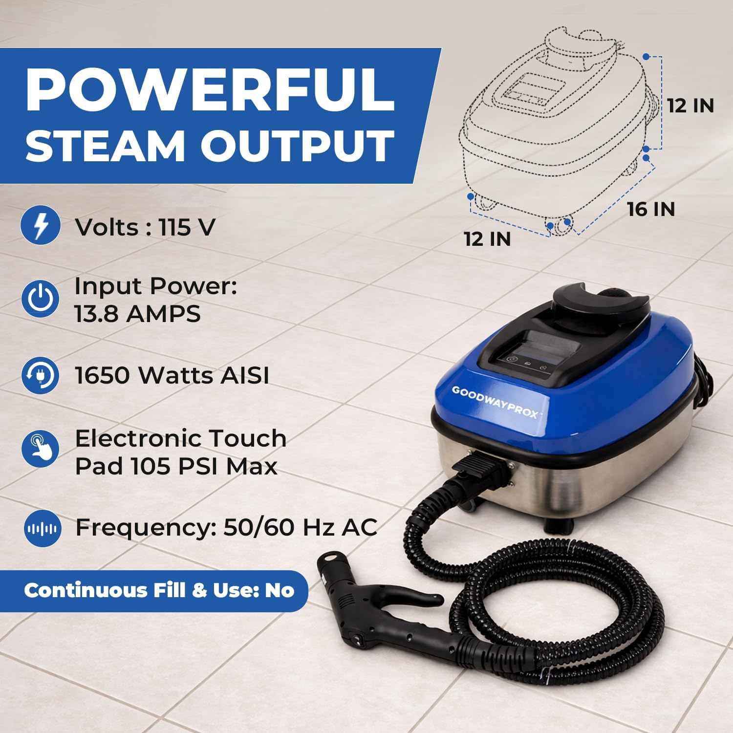 Goodway Portable Dry Steam Cleaner 1650W, Commercial Steam Cleaner for Home & Industrial Use, 105 PSI, 1.3 Gallon Tank, 83” Hose, GVC-1100