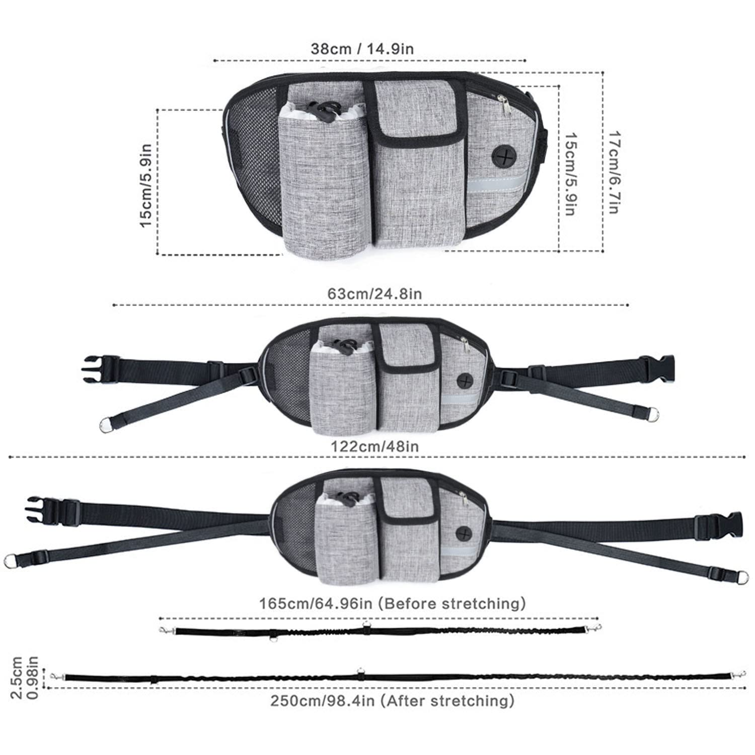 Waist Leash for Dog Walking - Hands Free Dog Leash with Multi Pouches, Wide Back Support Belt Bungee Dog Leash, Dog Waist Belt Leash for Walking, Running, Hiking, Training (Gray)
