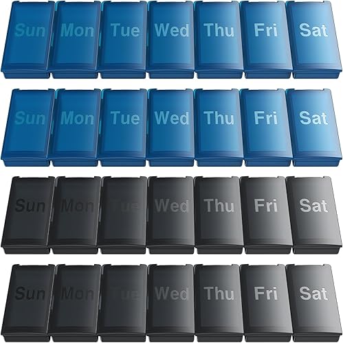 Paquete de 4 pastilleros semanales, gran pastillero diario de vitaminas, portátil, apto para viajes, 7 días, soporte para medicamentos, bolso de
