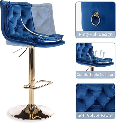 Miniatura 6 de Homtique Morden - Juego de 2 taburetes de bar giratorios ajustables tapizados de terciopelo con anillo de tirón, sillas de isla de cocina sin