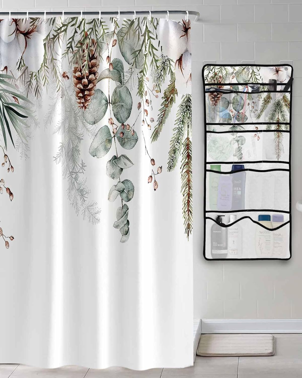 Decorative Shower Curtain Sets Christmas Eucalyptus Leaves Polyester Fabric Waterproof Shower Curtains Winter Xmas Berry Texture Mesh Shower