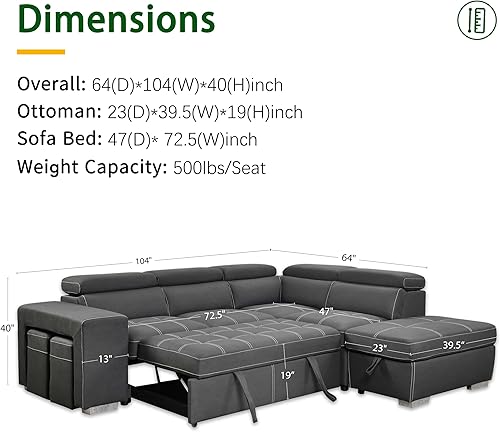 Miniatura 2 de THSUPER 104'' Microfiber L Shaped Sectional Sleeper Sofa Couch with Pull Out Bed and Storage Ottoman, Convertible Couches with Adjustable Headrest