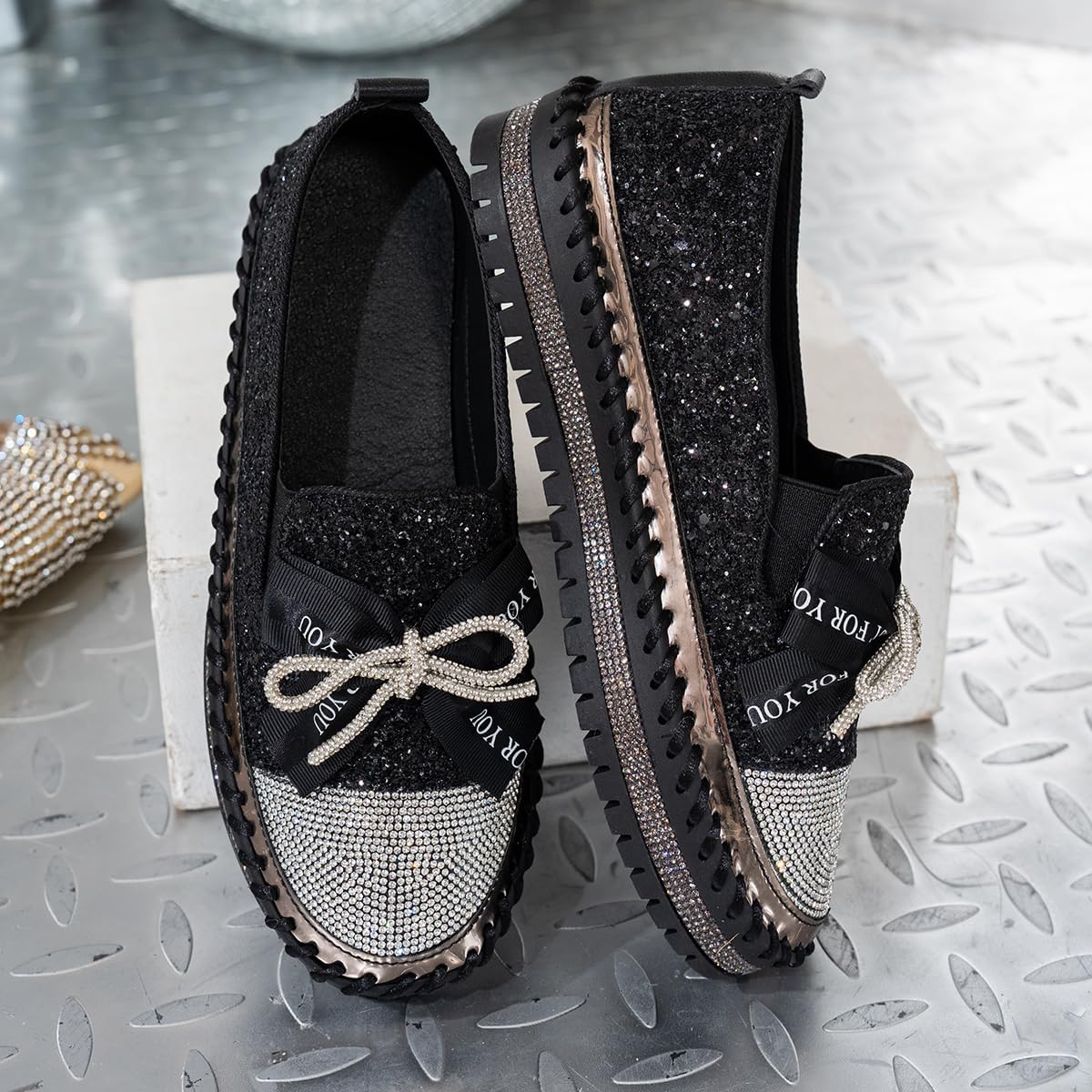 Women's Platform Rhinestones Cute Bow Slip on Sneaker Comfort Non Slip Low Heel Walking Shoes Casual Slip On Loafers - Image 3