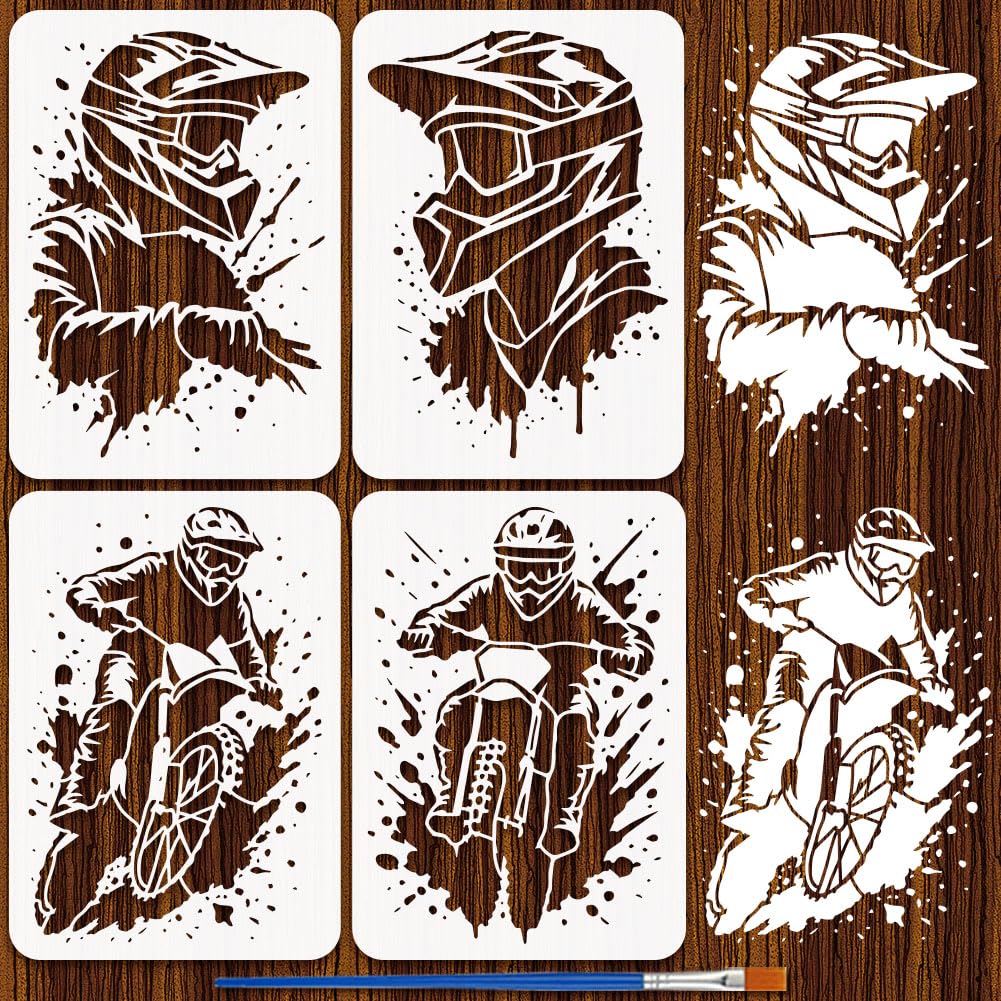 FINGERINSPIRE 4Pcs Motorcycle Rider Stencil with a Brush 29.7x21cm Reusable Motocross Stencil Graffiti DIY Painting Stencils Motocross Poster Home Decor Stencils for Painting on Wood Fabric Wall