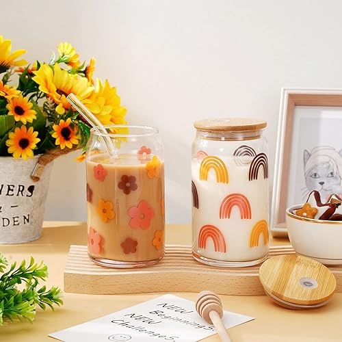 Miniatura 4 de Whaline 4 tazas de café helado boho con tapas y pajitas de bambú, vasos retro Groovy de 16 onzas, arco iris, cara, flor, cerveza, vaso de vidrio con