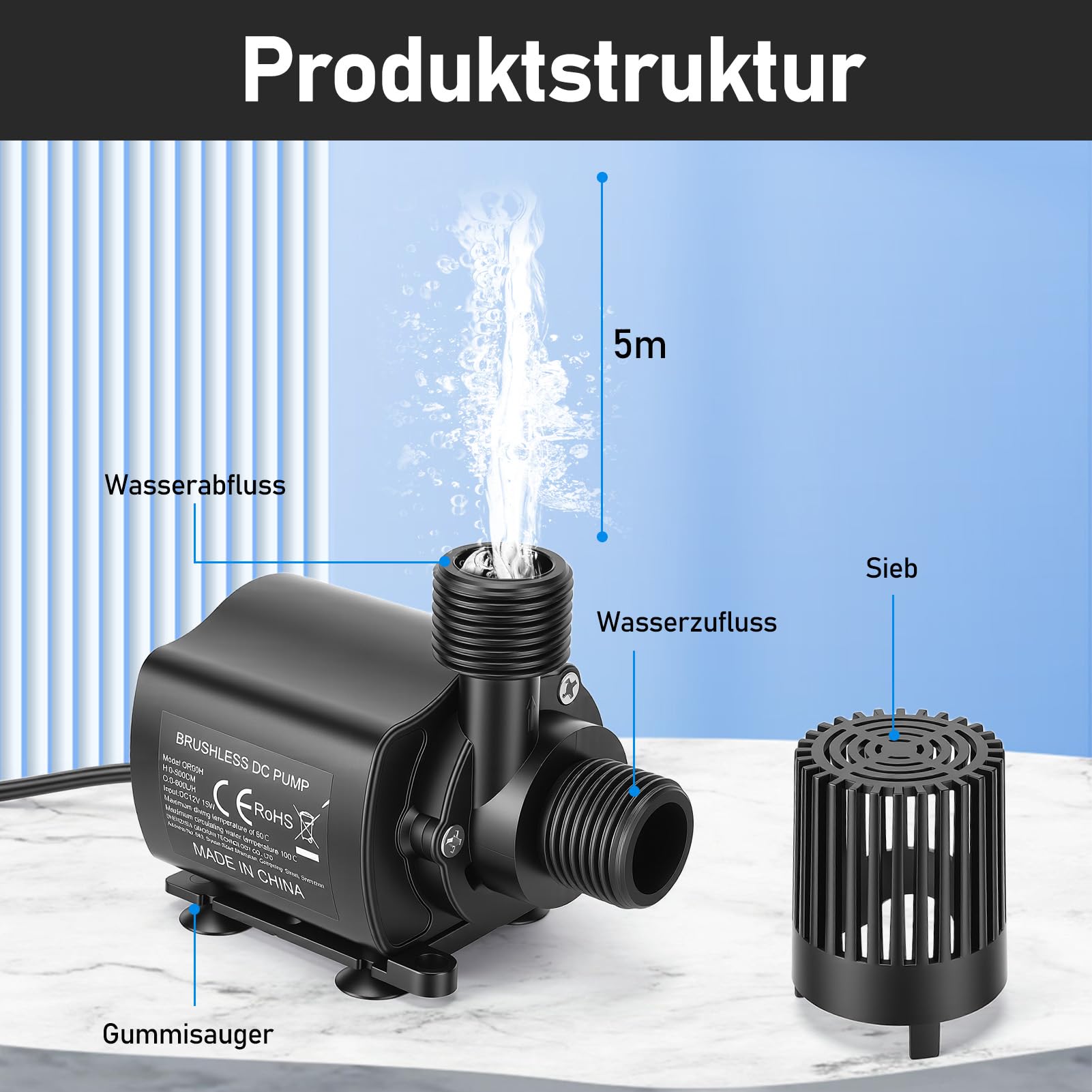 Wasserpumpe 12V 800L/H 5M, Wasserpumpe Klein mit 5 Gang-Drehzahlregelung, Tauchpumpe Aquarium Pumpe mit 2 M Kabel für Aquariumpumpe, Teichpumpe, Springbrunnenpumpe, Wasserspielpumpe