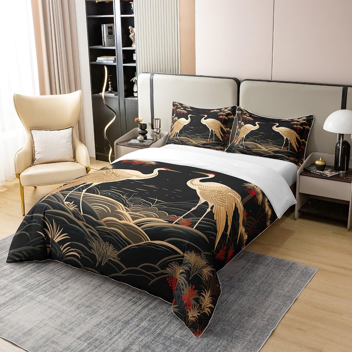jejeloiu Japanese Crane Duvet Cover 100% Cotton Set Queen Size, Red Crowned Crane with 2 Pillow Case, Wild Animal Bedding Set 3Pcs Teens Room Decor, Lucky Clouds Duvet Cover (No Comforter)