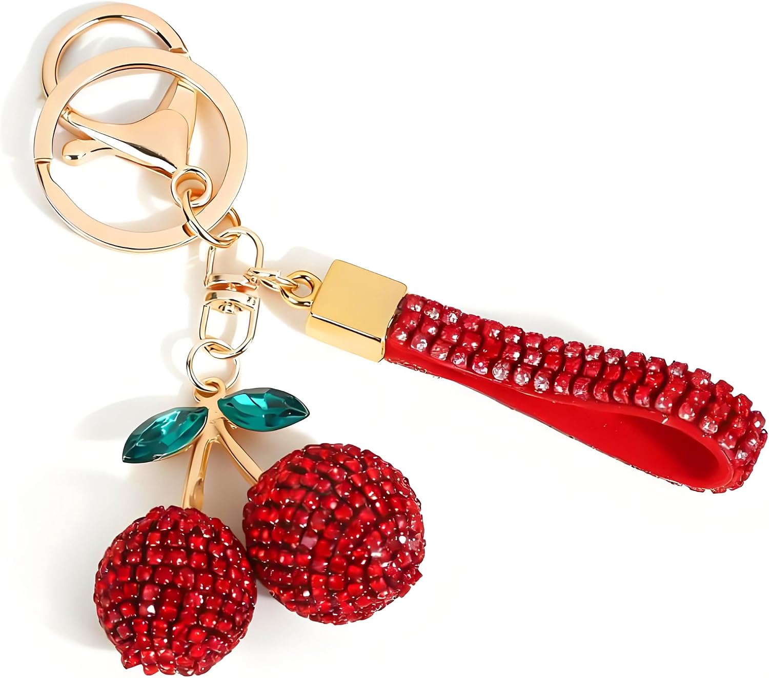 Bling Cherry Car Keychain for Women - Sparkly Rhinestone Cherry Charm with Tassel