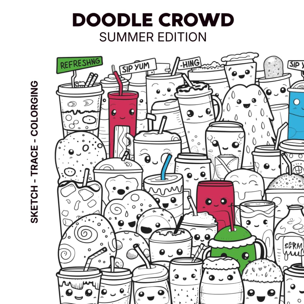 Doodle Crowd: Summer Edition - Kawaii Tracing and Coloring Book for Adults: 28 Cute Doodle Pages with Tiny Kawaii Illustrations to Trace, Color and Relax