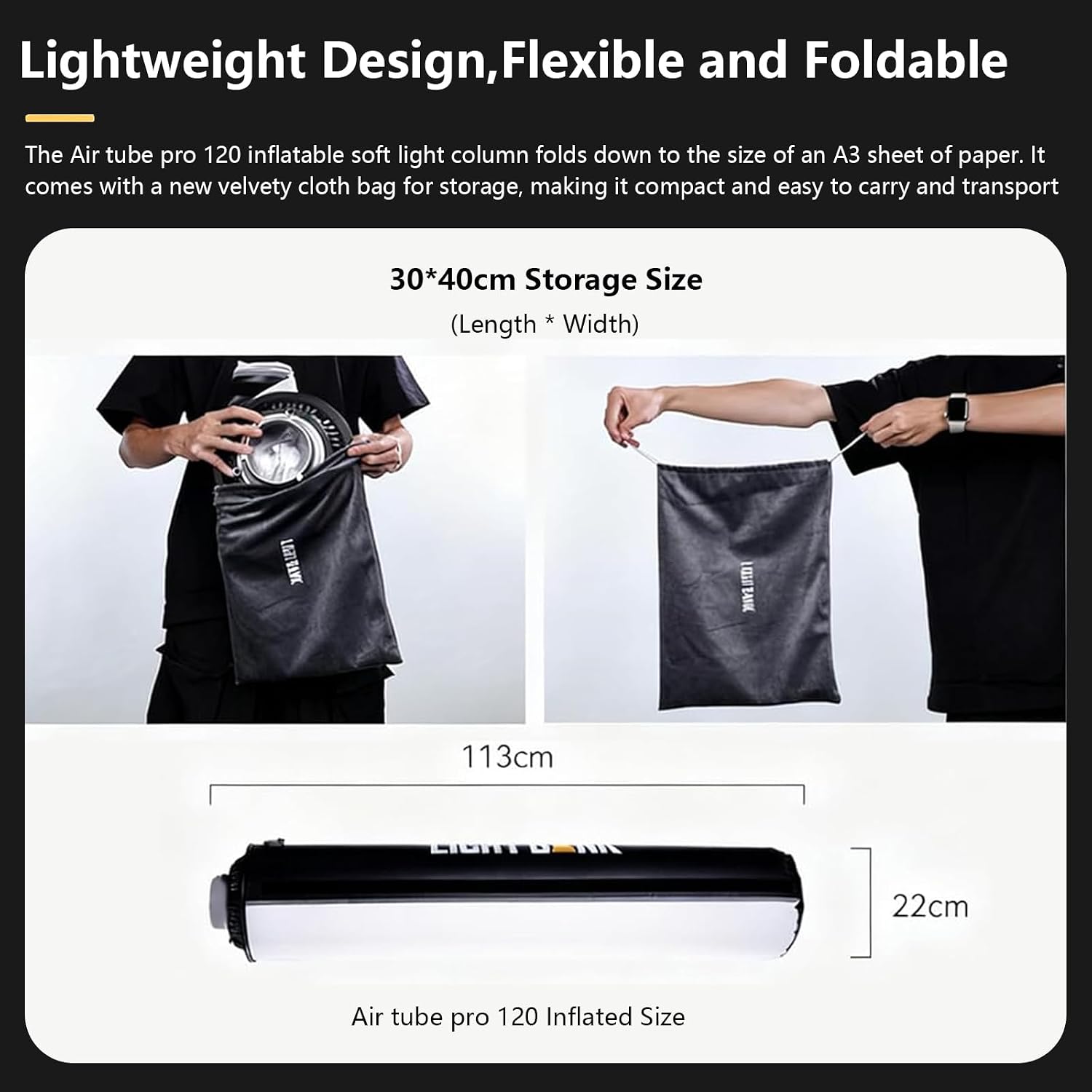 Air Tube Pro 120 Inflatable Modifier for Monolights with Fresnel Lens, 360° Adjustable, 210° Ultra-Wide Softbox for Bowens Mount Flash & 500W LED Pocket-Sized Light Tube Soft Box