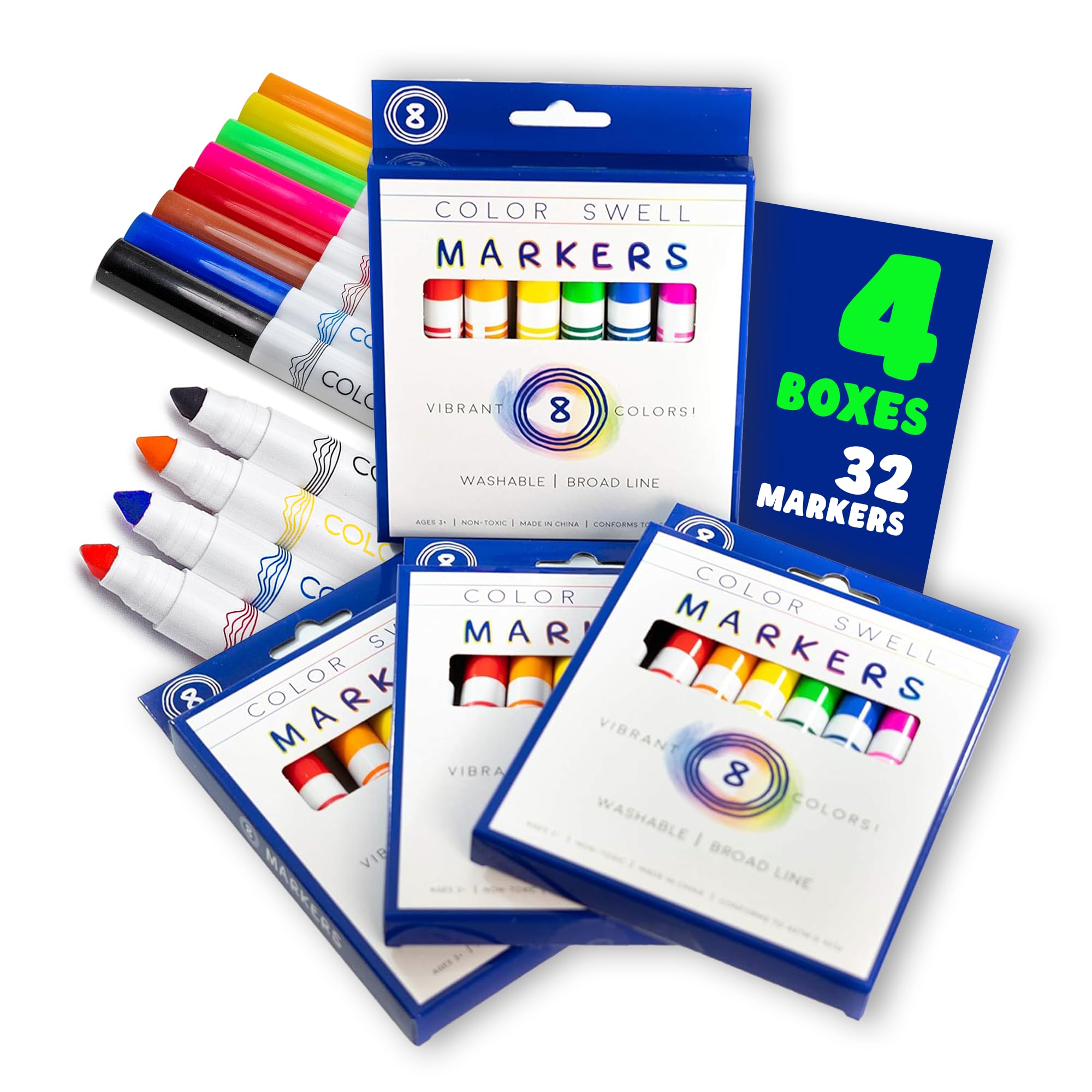 Color Swell Waschbare Marker Bulk 4 Packung Mit Je 8 Leuchtenden Farben Für Kinder, Erwachsene, Lehrer, Partys Und Familien |