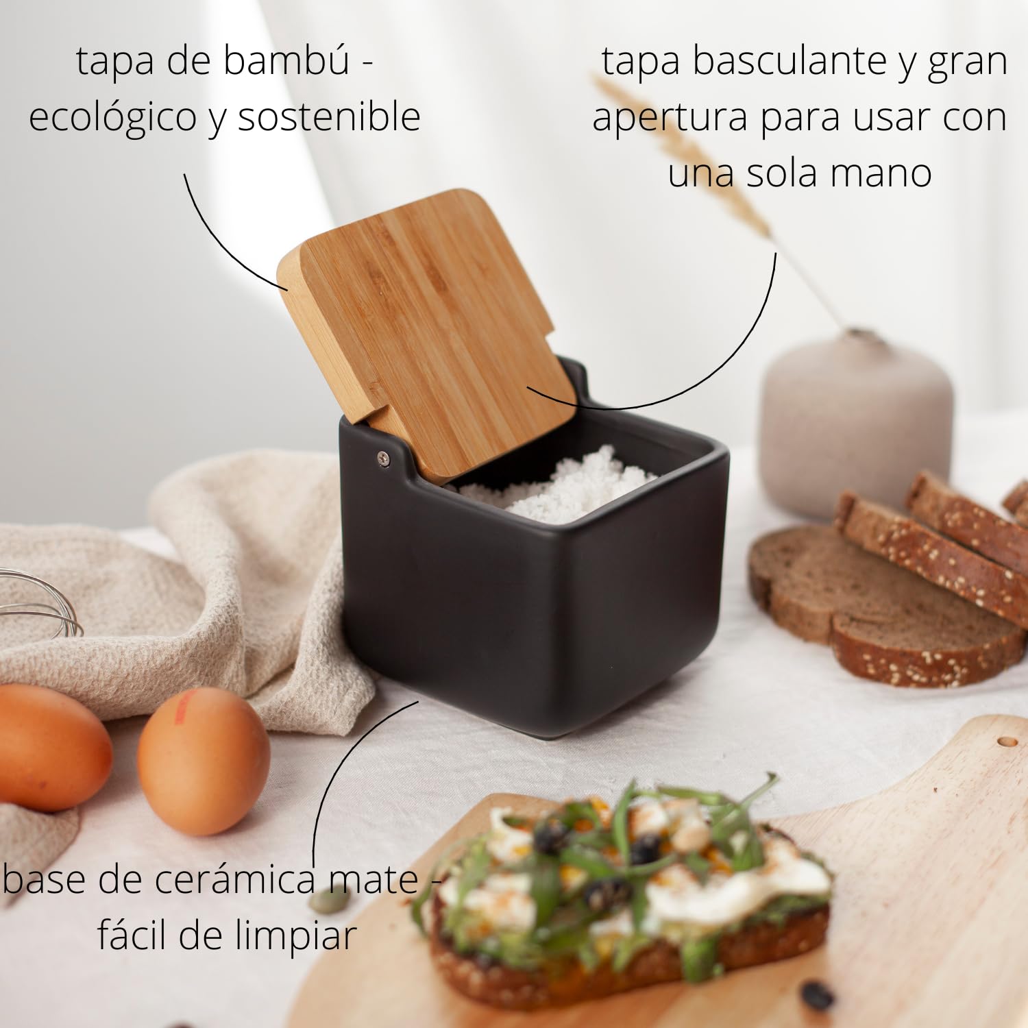 Set d'accessoires de cuisine - Comprend salière de cuisine et pot à ail - Pot à ail et salière de cuisine avec couvercle basculant - Céramique et bambou - 11,5 x 11,5 x 11,5 cm (Set 2 noir)
