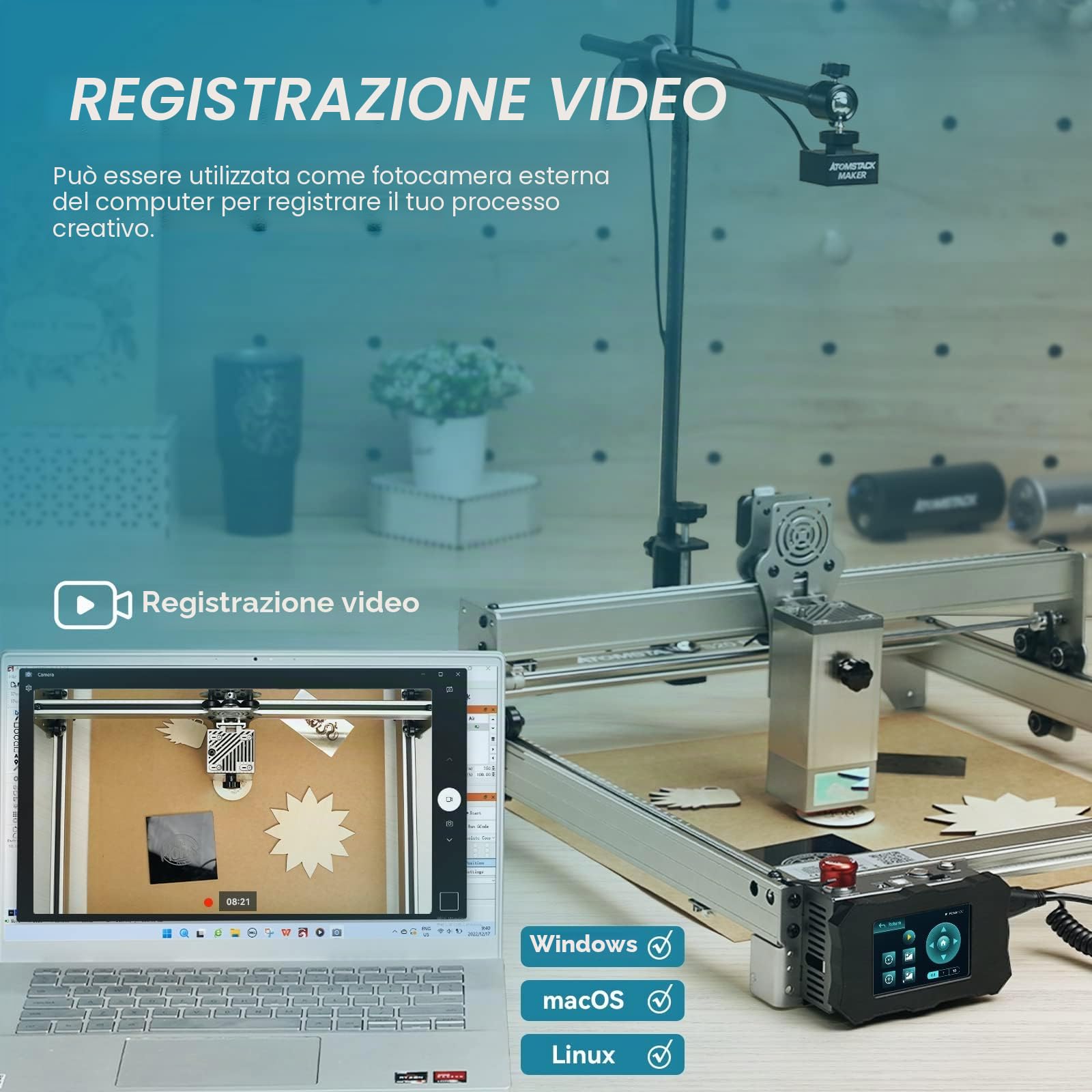 ATOMSTACK Telecamera AC1 per incisore laser, 5 MP Pixel LightBurn, posizionamento preciso, incisione multitasking e anteprima, adatta per macchina per incisione laser di tutte le marche
