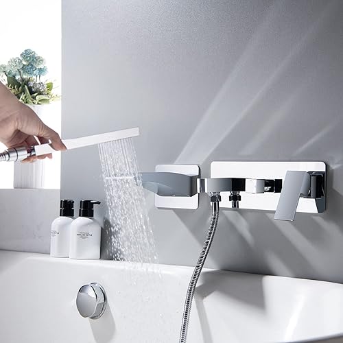 Miniatura 3 de Grifo de bañera de montaje en pared con ducha de mano, boquilla de bañera en cascada con cabezal rociador de mano, cromado