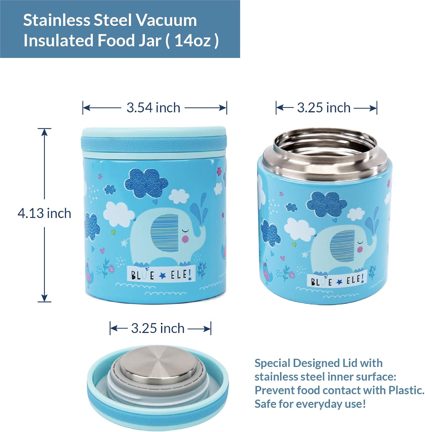 BLUE ELE Vacuum Insulated Jar & Thermos, BPA-Free Lunch Containers, Double-Wall 304 Food Grade Stainless Steel, 14 oz Keep Hot 12hr & Cold 24hr, Blue with Pattern - Image 3