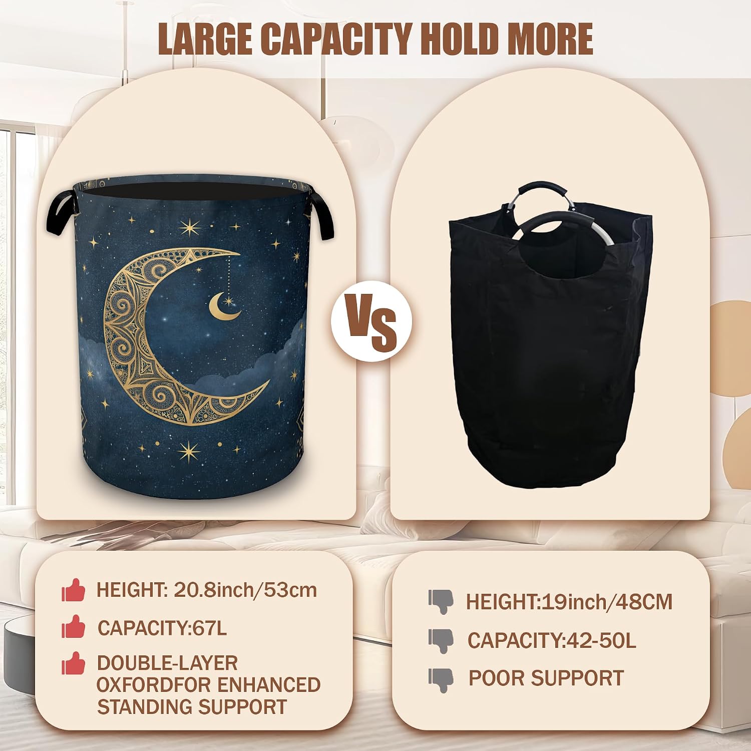 Laundry Basket Gold Moon Collapsible Laundry Baskets Waterproof Oxford Cloth With Handles,Stars Celestial Laundry Hamper Clothes Storage Bucket Toy Organizer for Bathroom/Nursery/Bedroom 16" x 20.8" image 4