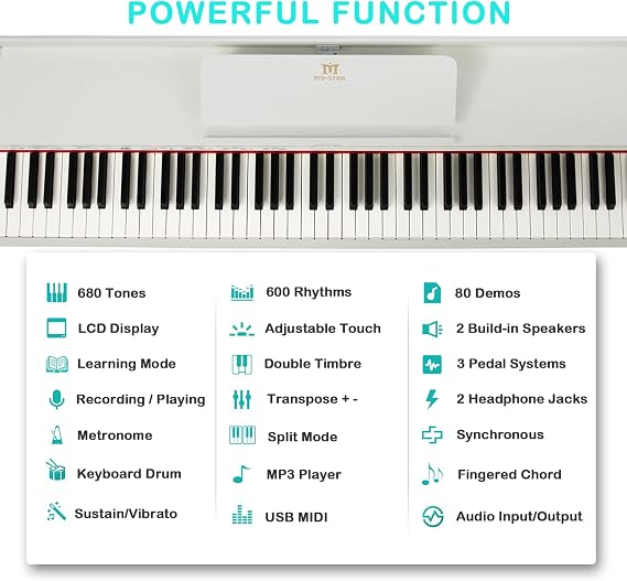 Digital Piano 88 Weighted Keys Hammer Action with Piano Bench, 88 Key Piano Keyboard Fully Weighted, Electric Piano Keyboard 88 Keys with 3 Pedals, Built-In Speakers, USB/MIDI, Furniture Stand (White)