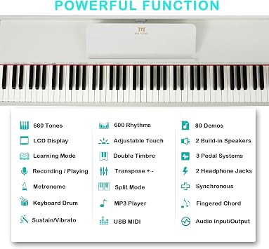 Digital Piano 88 Weighted Keys Hammer Action with Piano Bench, 88 Key Piano Keyboard Fully Weighted, Electric Piano Keyboard 88 Keys with 3 Pedals, Built-In Speakers, USB/MIDI, Furniture Stand (White)