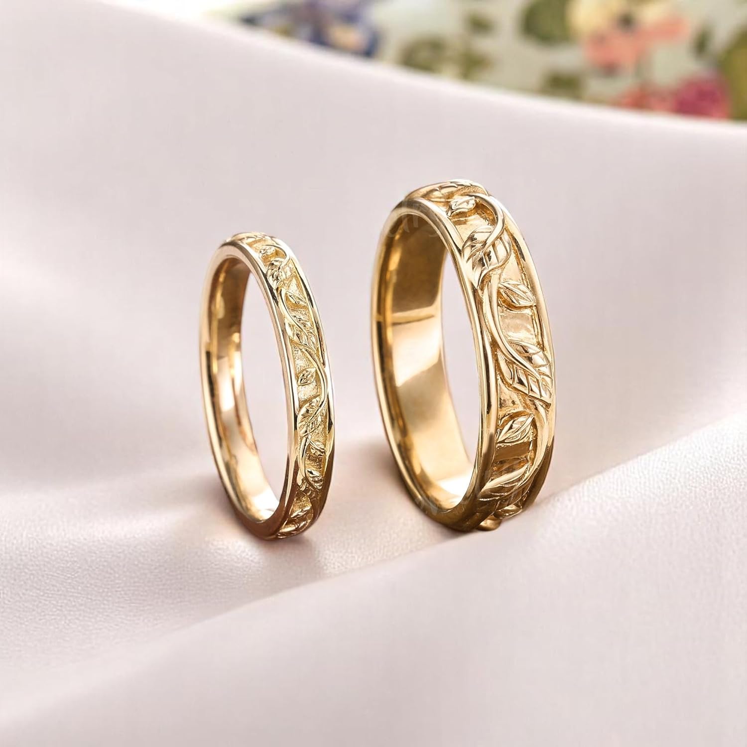 Leaf Design Couple Rings Set, 2-Piece His & Hers Wedding Bands in Solid Yellow Gold, Natural Leaf Engagement Ring Set for Women and Men, Matching Bridal Jewelry Gift