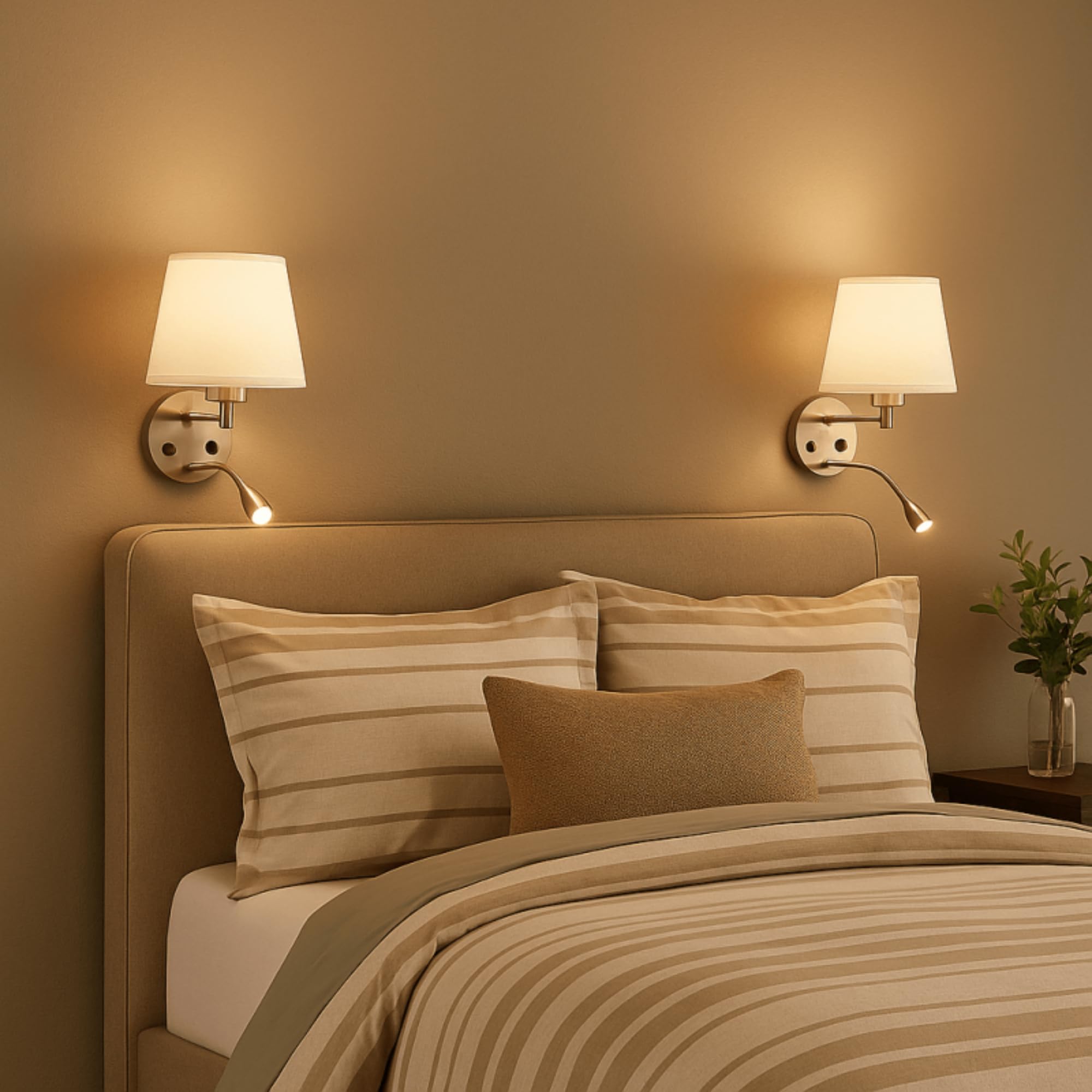 BarcelonaLed - Applique da parete E27 con faretto di lettura orientabile flessibile da 1 W, paralume in tessuto bianco, con 2 interruttore, per camera da letto, testiera del letto, comodino, salotto