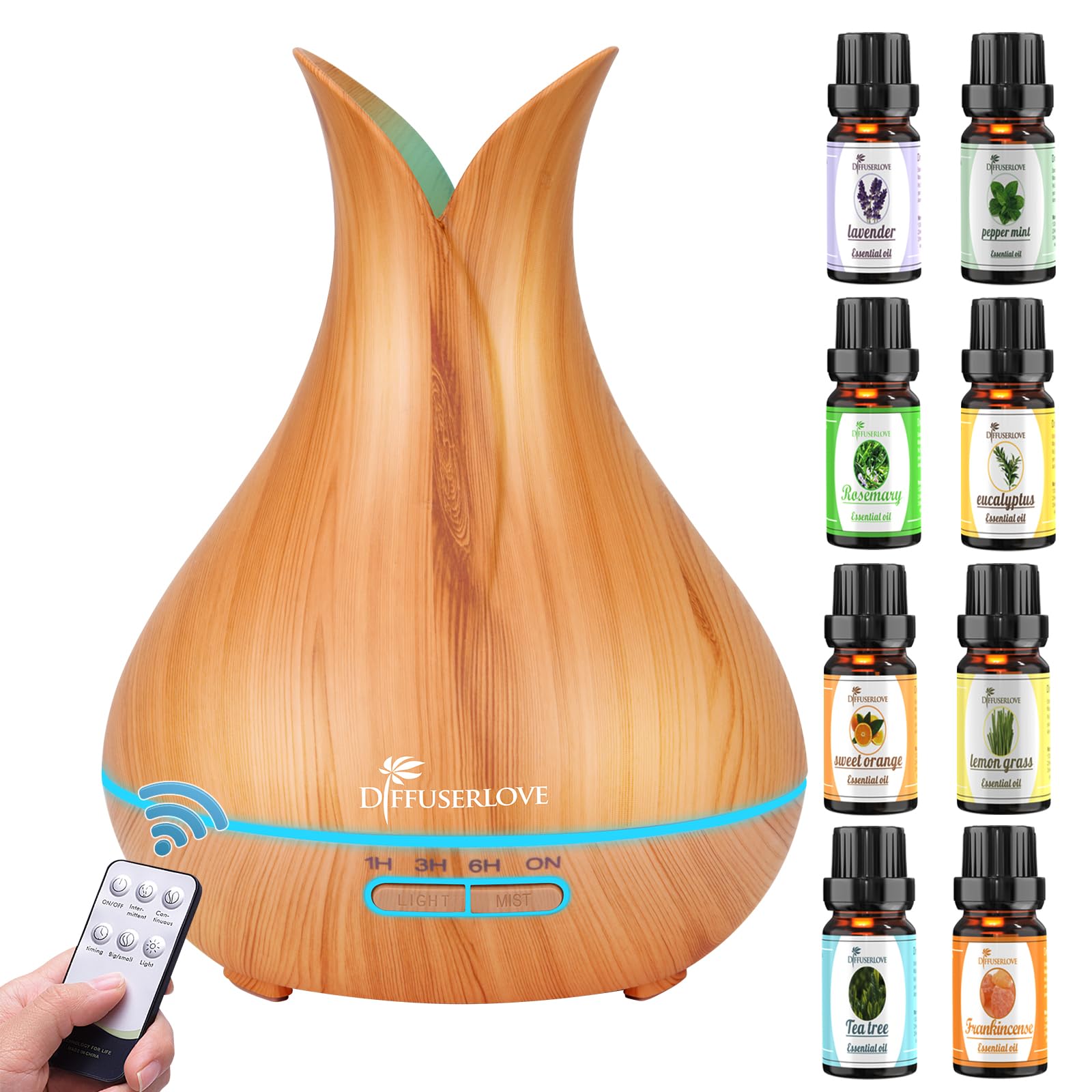 Diffuserlove Diffuseur d'Huiles Essentielles Electrique Diffuseur d'Arômes à Ultrasons Télécommandé Humidificateurs d'Huiles Essentielles Silencieux avec 7 Lampes De Couleur