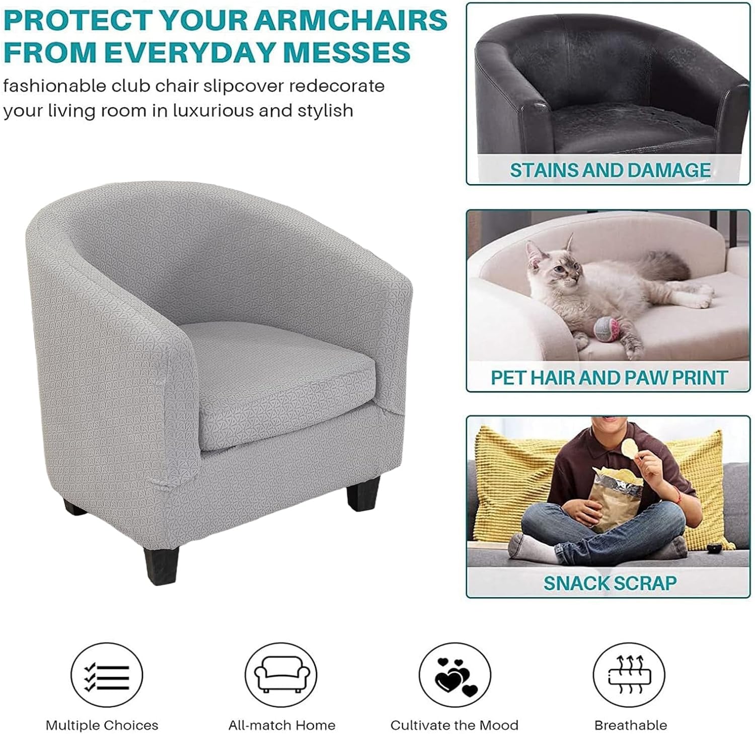 NILUOH Stretch Club Chair Slipcover 2-Piece Set for Barrel & Tub Chairs, Soft Armchair Cover - Removable Washable Furniture Protector, Living Room Armchair Cover,Light Grey