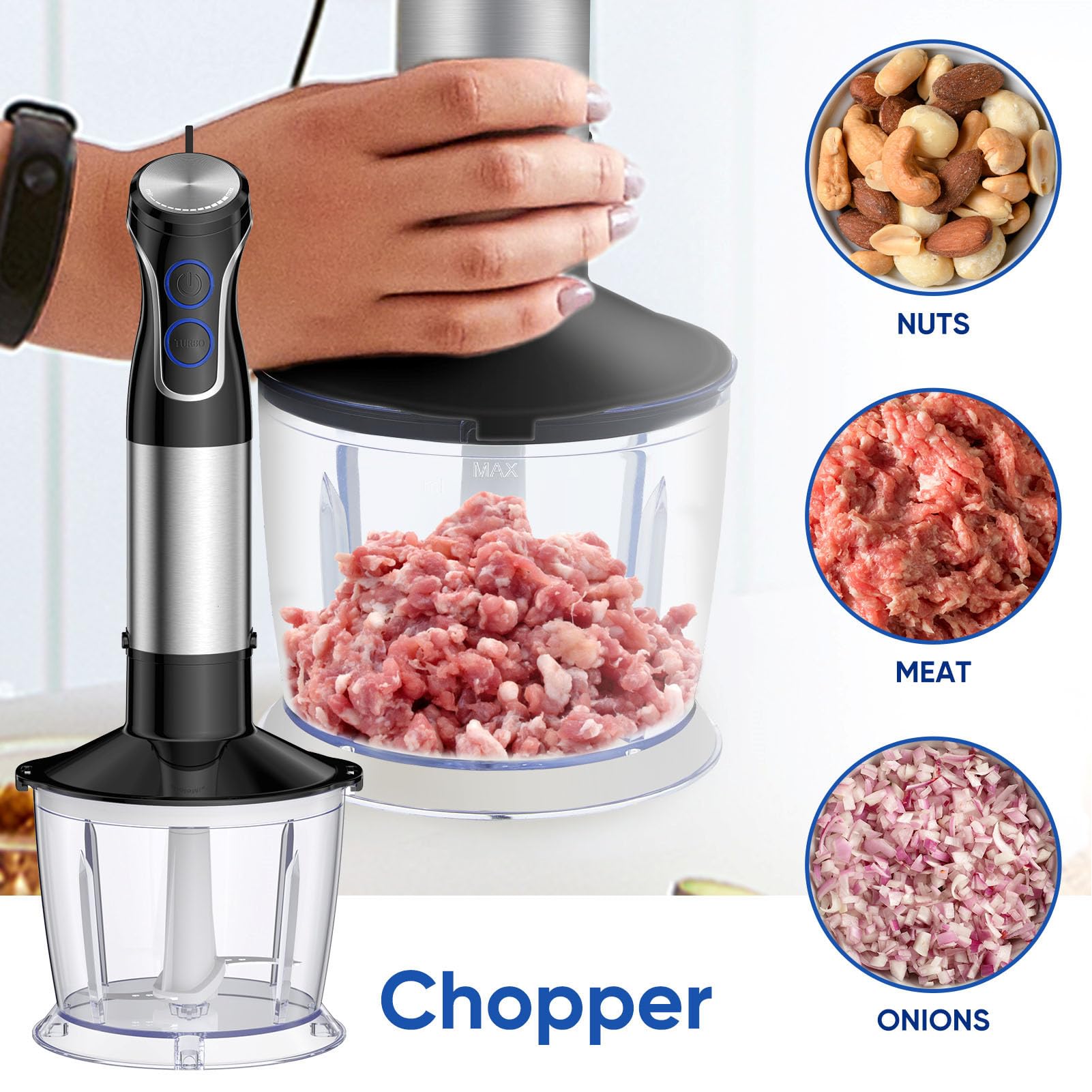Asixxsix Blender Immersion 5 w 1, Mikser Ręczny z 800 Ml Zlewki Mieszającej, 600 Ml Helikopter, trzepaczkę i Kruszon Mleka, Bezpieczeństwo Zmywarki do Domu w Kuchni Domowej (220-240V wtyczka UE