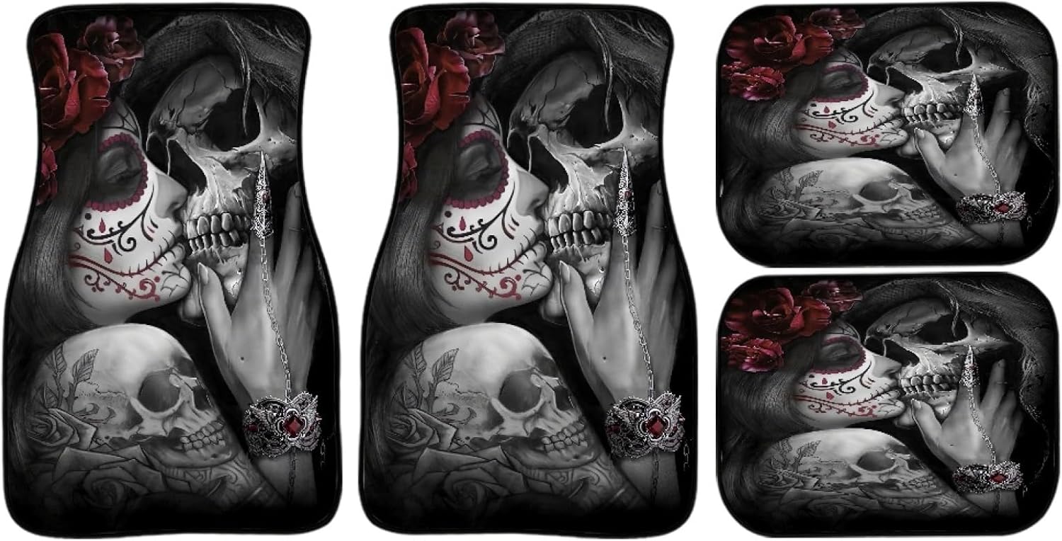 Love Sugar Skulls Car Floor Mats Custom Sugar Skeleton Lovers Girl with Rose Gothic Skull Flower Design Floor Mats for Cars Universal Front Rear Car Rugs Auto Car Accessories for Car Truck - Image 6