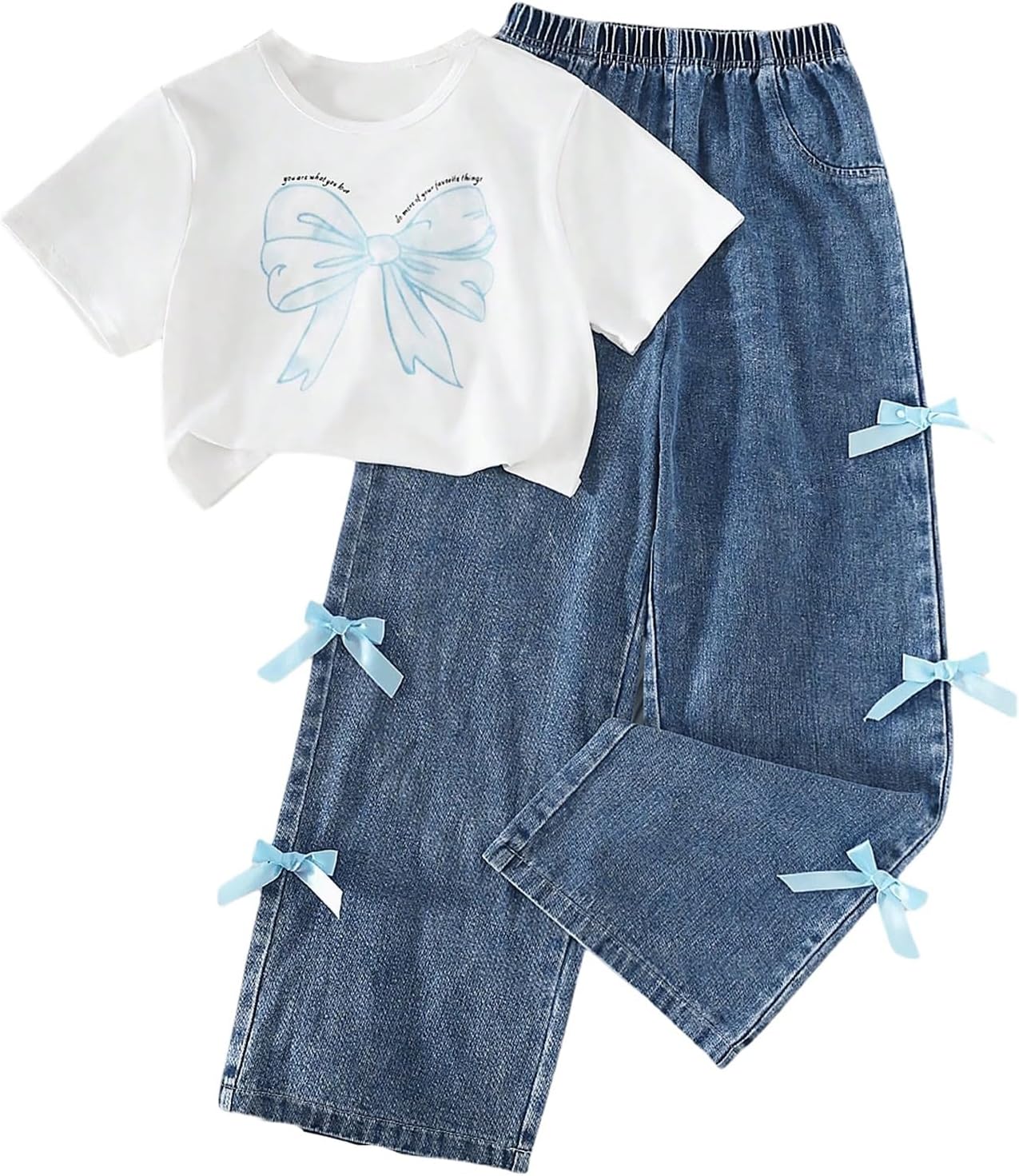 Verdusa Cute Outfits for Girls 10-12 Graphic Tees and Straight Leg Jeans Set with Bows Tween Girls Trendy Clothes