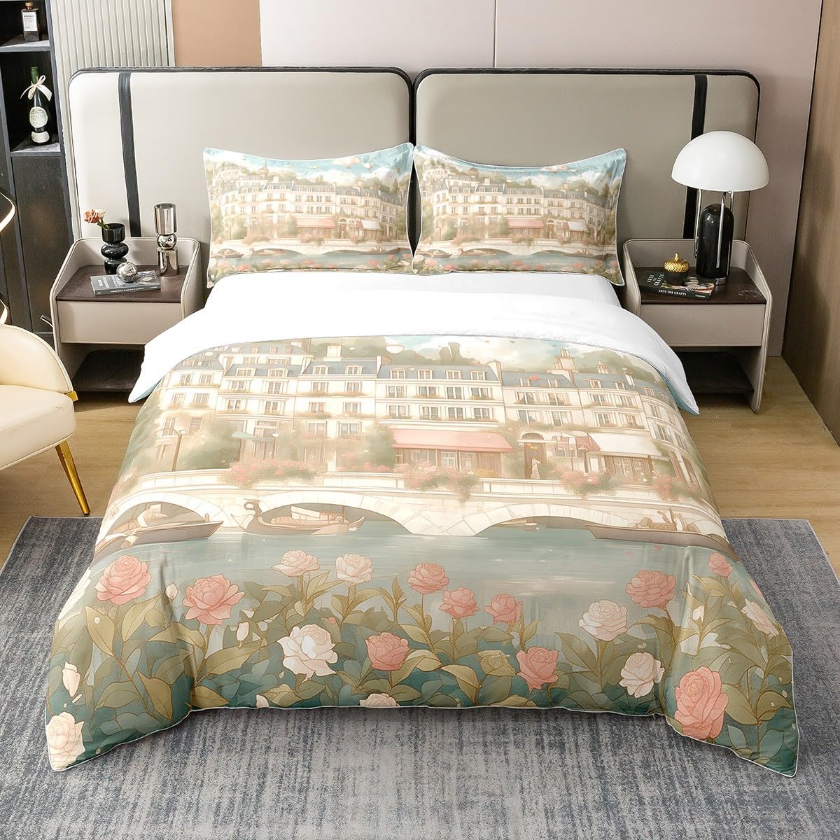 3 Pieces Dreamy Paris City Duvet Cover 100% Cotton Queen,Watercolor Modern Houses Cartoon Hot Air Balloon Comforter Cover,Hand Drawn Eiffel Tower Building Super Soft Bedding (Not Comforter)