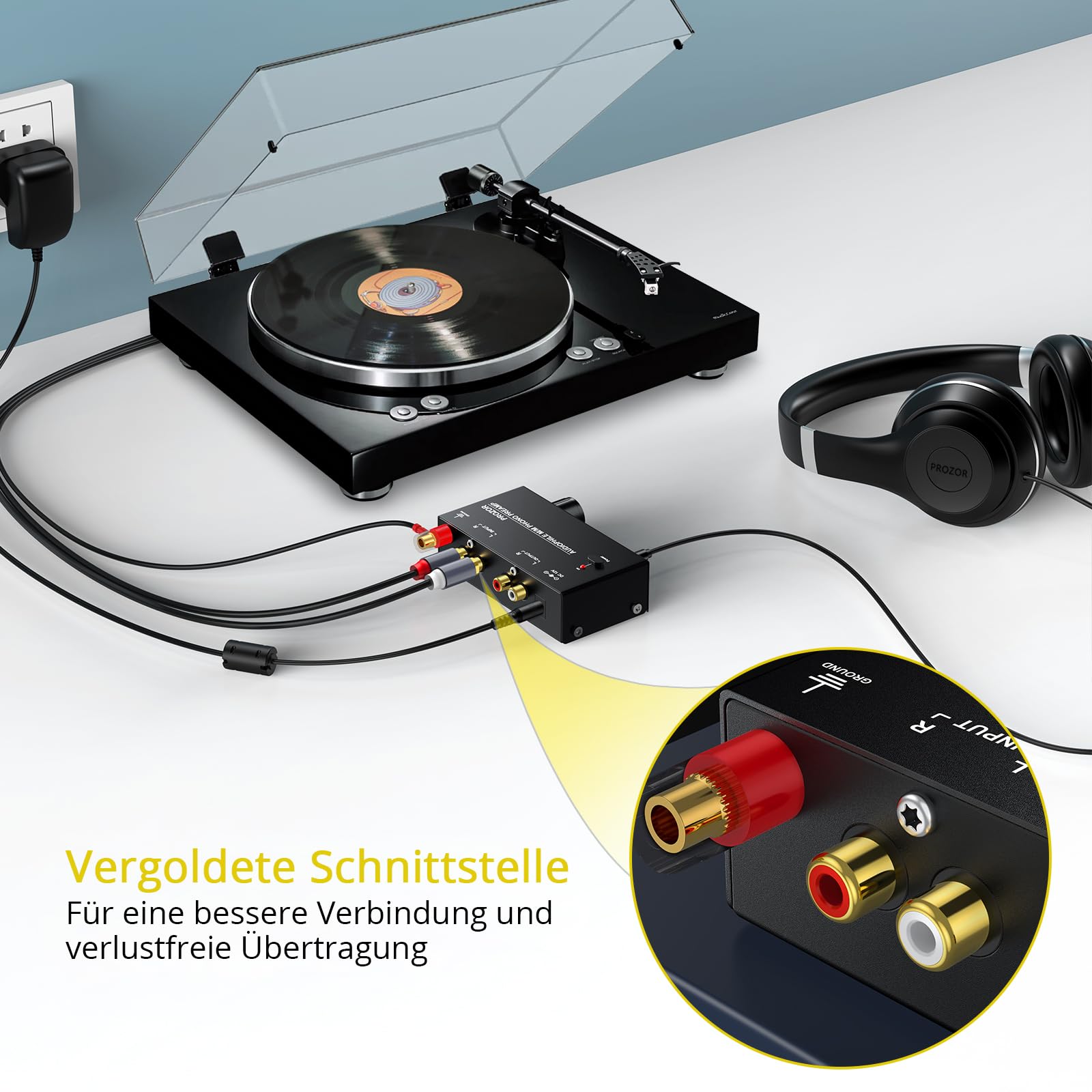 PROZOR Vorverstärker für Plattenspieler Audiophiler M/M Phono Vorverstärker mit Niveau Kontrollen RCA Eingang & Ausgang Schnittstellen inkl. 12V 1A Netzadapter -Schwarz