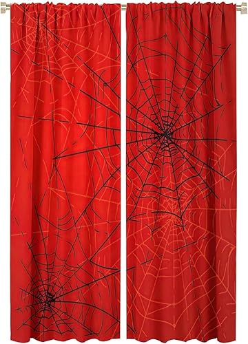 Cortinas opacas de tela de araña aterradora para niños, tela de araña en blanco y negro, fondo rojo, dormitorio de niños, guardería, decoración del