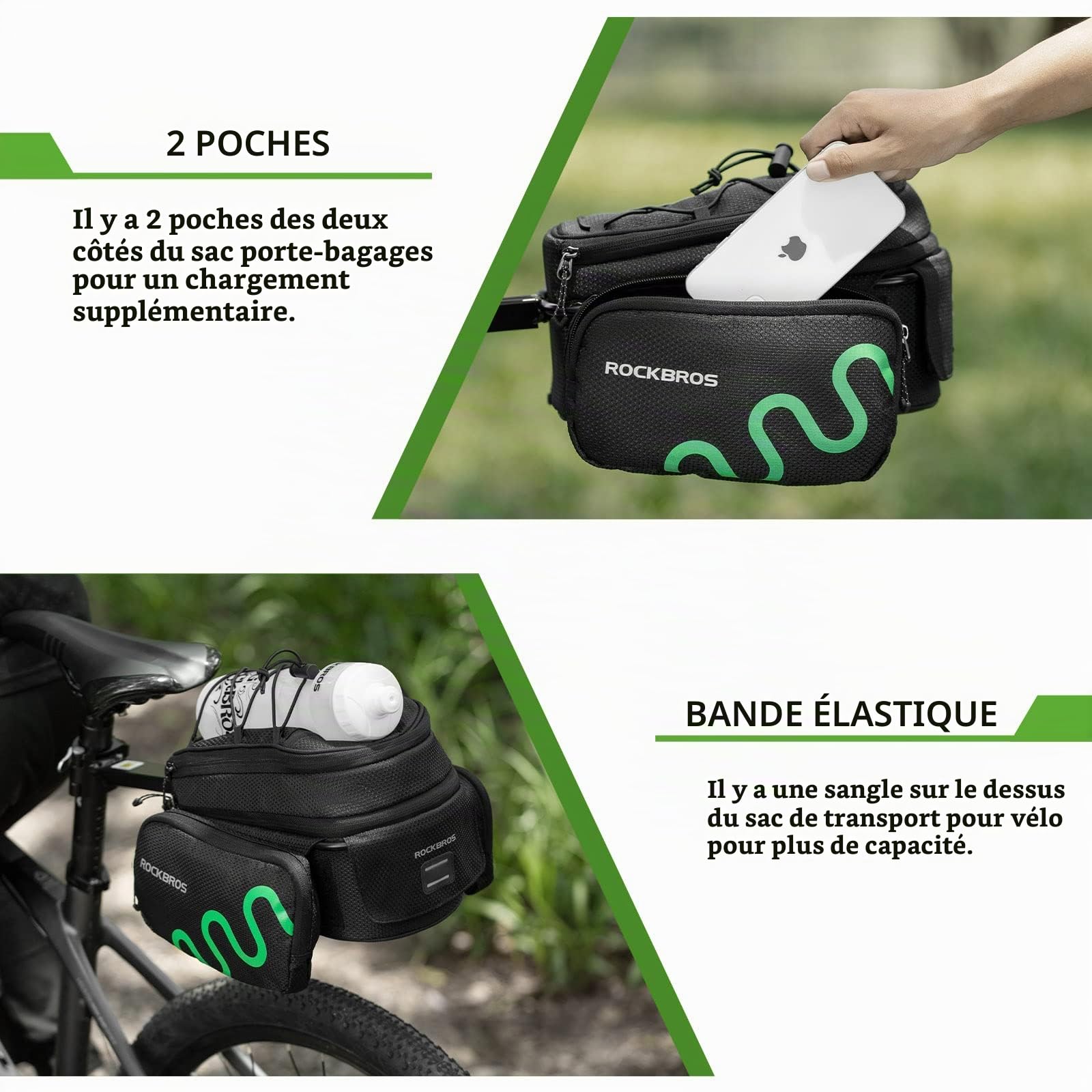 ROCKBROS Sacoche de Porte-bagages Vélo 6-8L, Sac de Vélo Extensible Réfléchissant avec Housse de Pluie, Sacoche de Vélo Arrière Amovible avec Support Réglable pour VTT Vélo de Route Vélo Pliant
