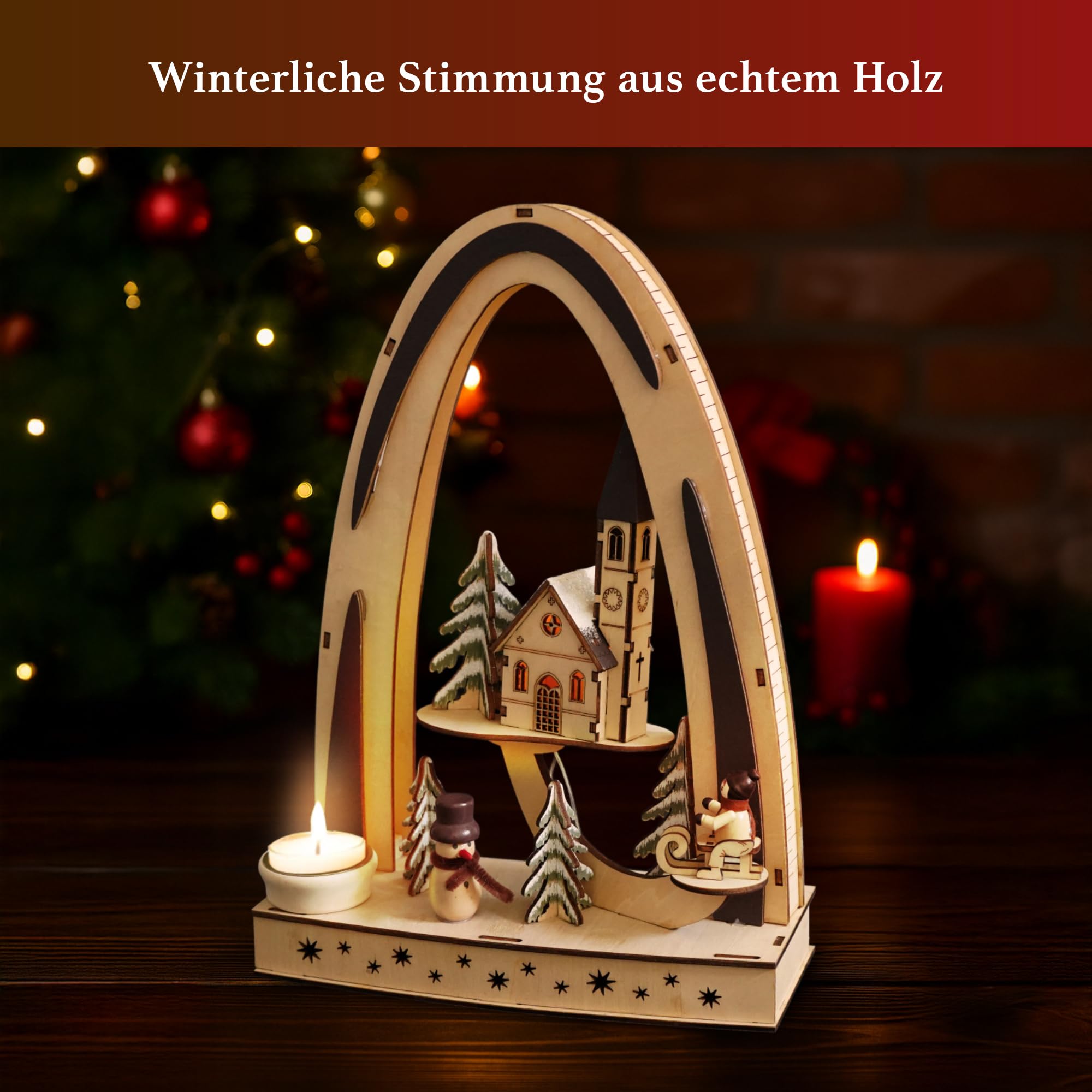 HGD - LED Lichterbogen mit Motiv „Winterkind und Schneemann“ - Weihnachtsdeko mit LED-Beleuchtung & Teelichthalter - Fensterdeko für die Adventszeit mit 6h Timer, 23 x 33 x 10 cm