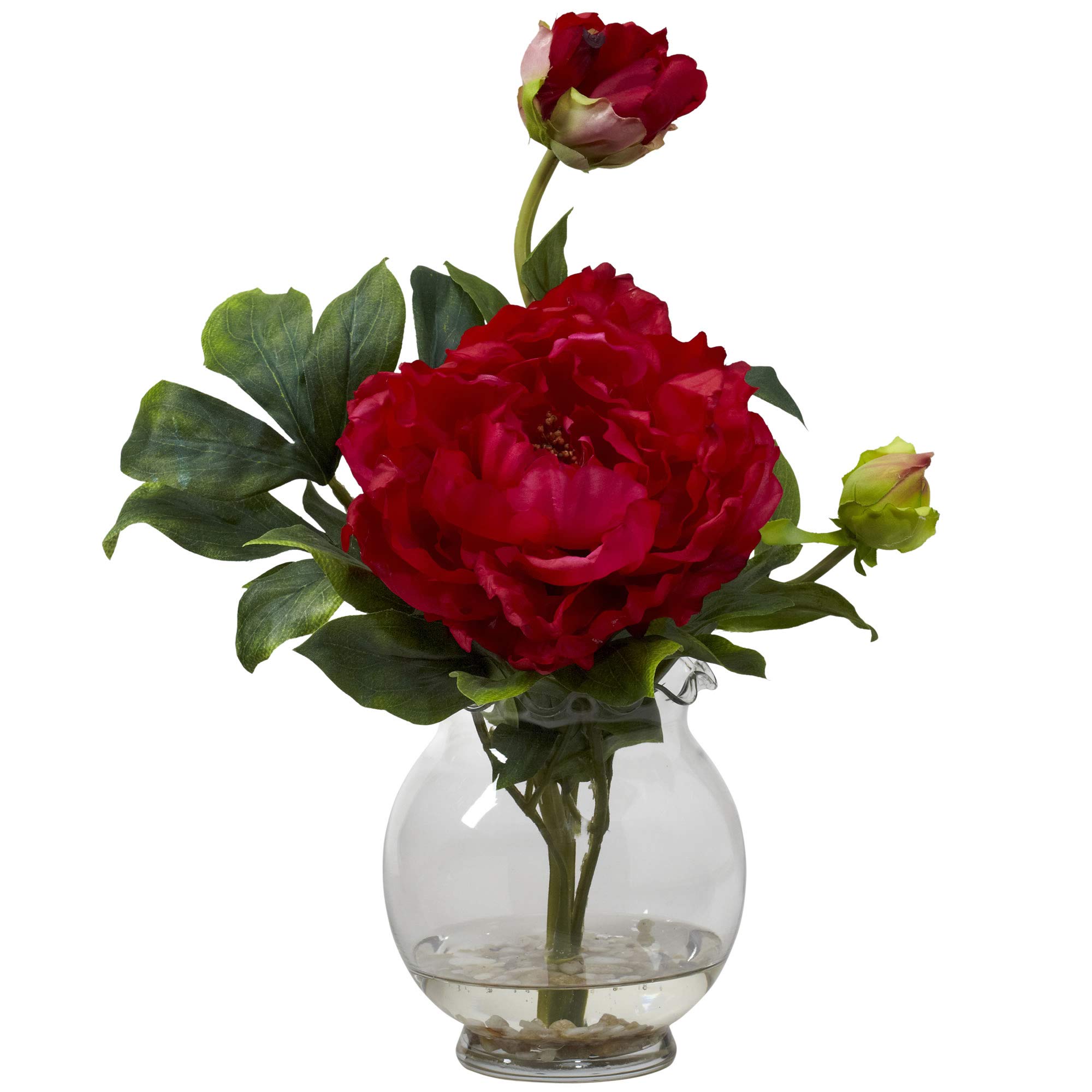 Nearly Natural1278-RD Peony with Fluted Vase Silk Flower Arrangement, Red