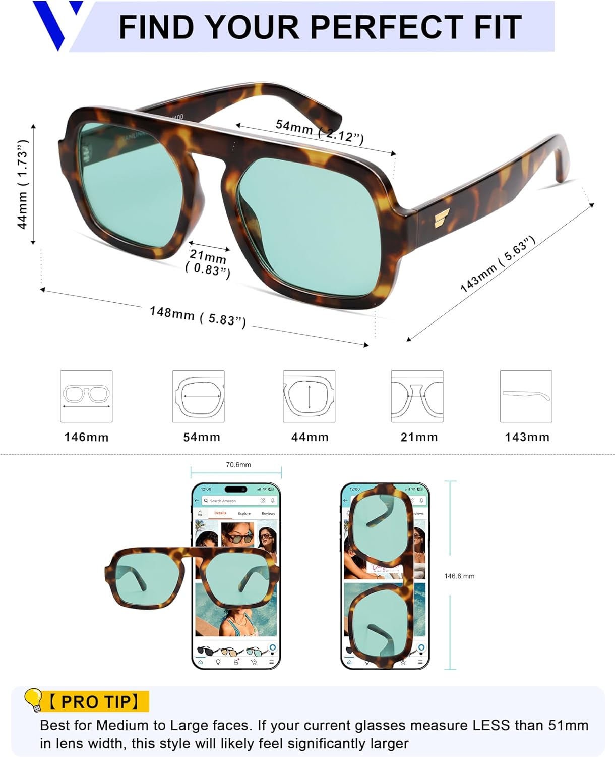 VANLINKER Oversized Retro Square Aviator Sunglasses for Women Men 70s Vintage Style Trendy Big Flat Top Sun Glasses VL9826 - Image 5