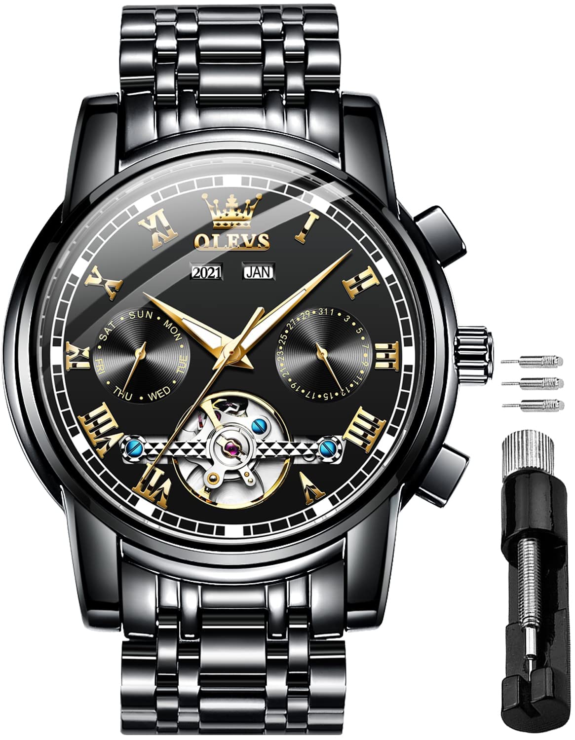 OLEVSOUPINKE Men's Automatic Mechanical Watches Luxury Business Dress Self Winding Tourbillon Multifunction Calendar Date Luminous Waterproof Luxury Dress Wrist Watches