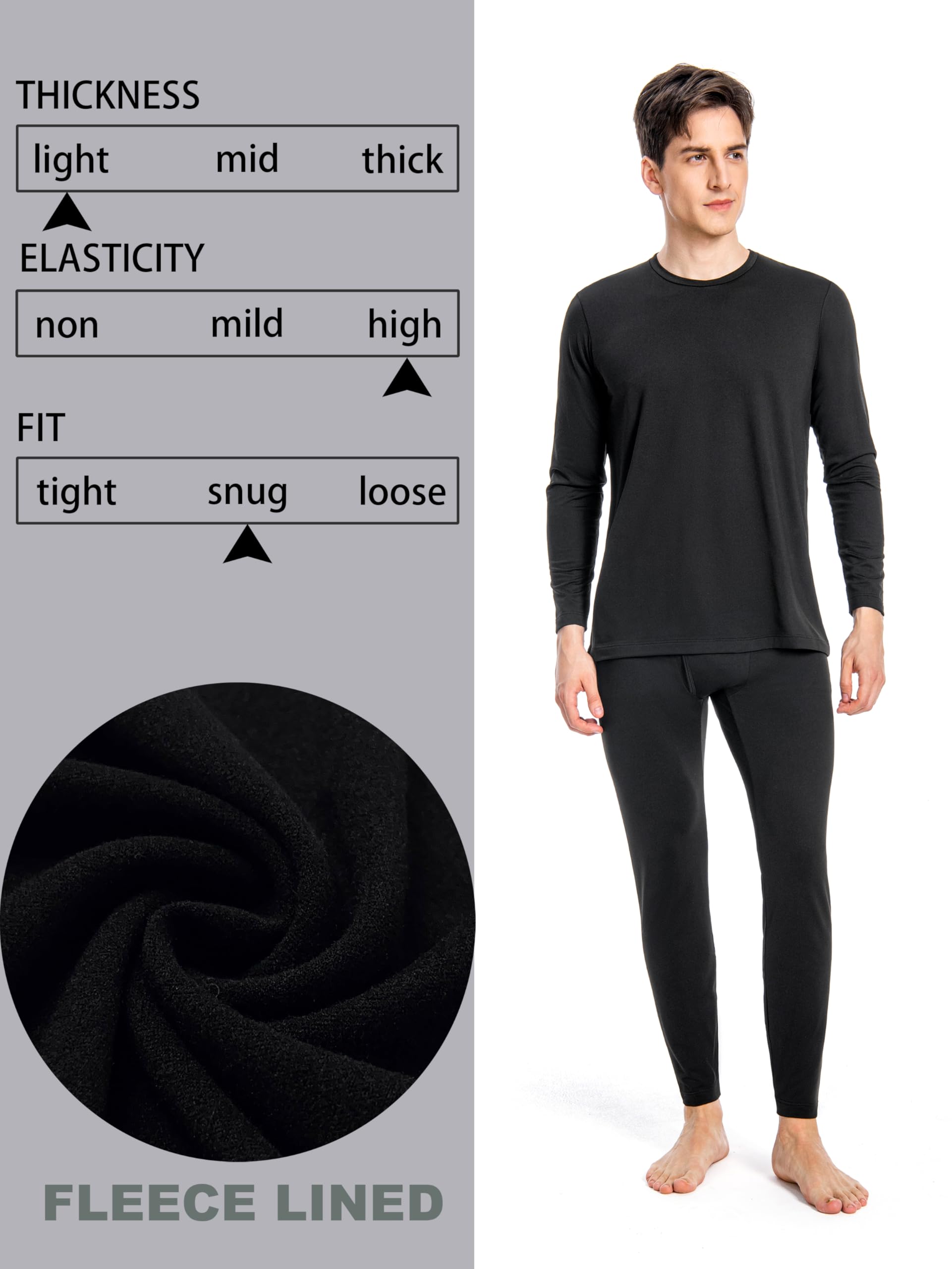 Nutria sous Vetement Thermique Homme Ensemble de sous-Vêtements Manches Longues Haut & Bas Col Rond à avec Doublure en Polaire Fonctionnel Couche de Base Intérieur par Temps Froid U07