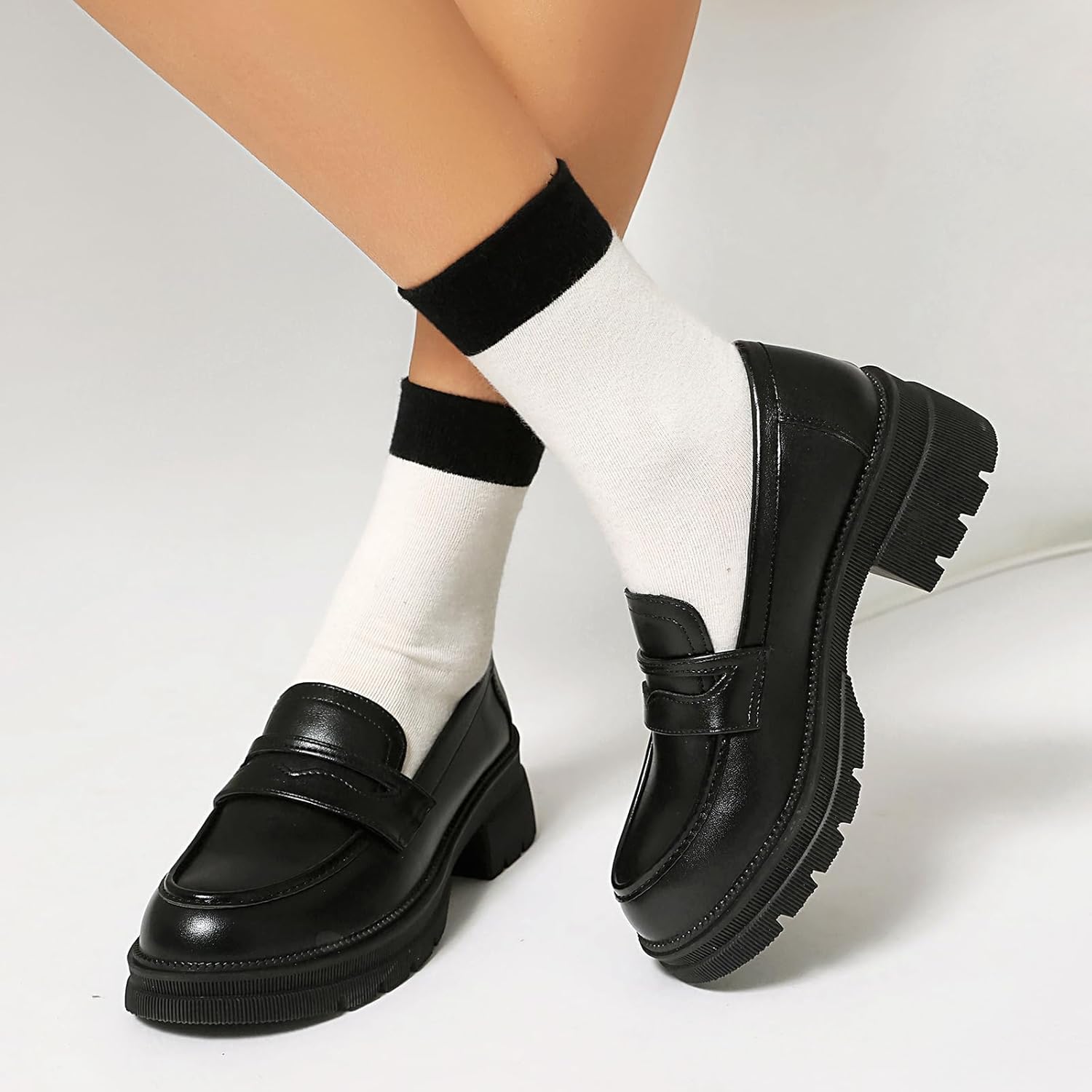 MASIKA Black Platform Loafers for Women - Women's Fashion Slip-On Leather Loafers, Chunky Shoes for Work & Dressy Occasions. - Image 2