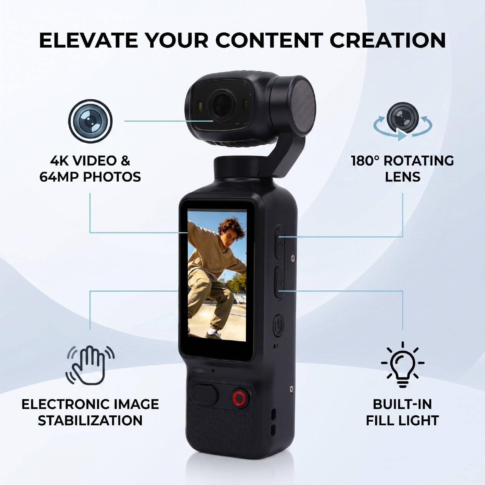 Videocamera Sportiva 4K, Fotocamera 64MP | Fotocamera Vlog con Obiettivo Girevole a 180°, Luce Integrata per Video