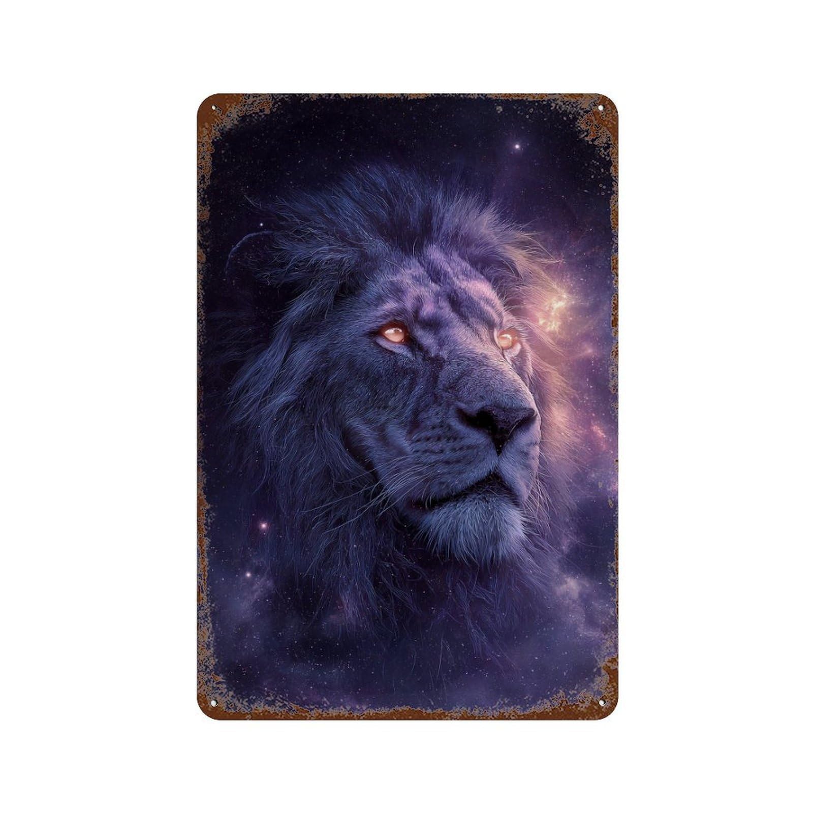 Garage Style Cosmic Lion Portrait Aged Metal Wall Plaque 11.8"x7.9", Novelty Wall Decor for Bar And Workshop
