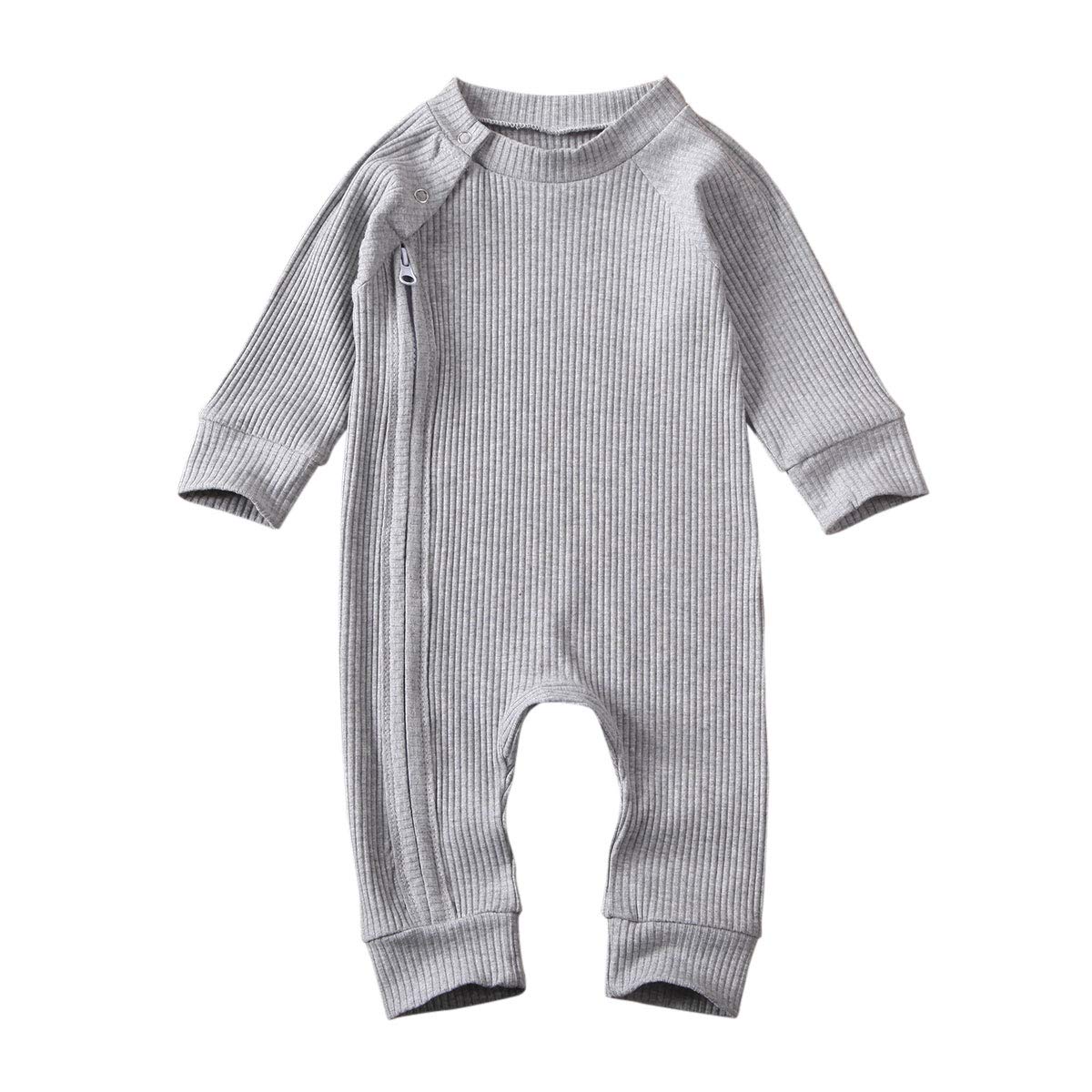 FIOMVA Unisex Baby Girl Boy Clothes Long Sleeve Romper Bodysuit Solid Ribbed Jumpsuit One Piece Pajamas Fall Winter Outfit (Zipper-Grey,0-3 Months)