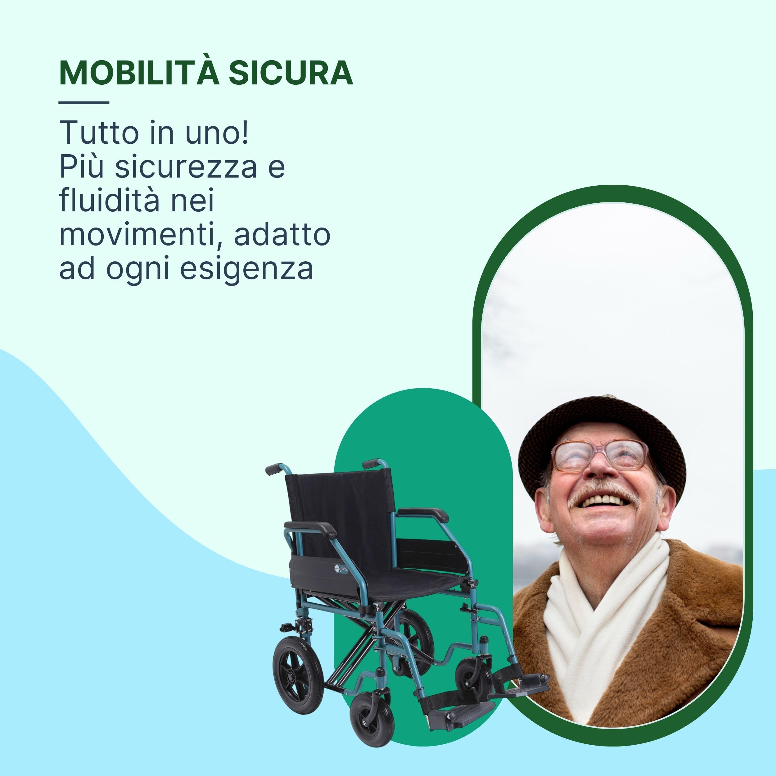 Sedia a Rotelle Pieghevole Leggera da Transito, 43 cm, Azzurra | Carrozzina per Disabili Predisposta per Autospinta, Acciaio, Crociera Doppia, Ruote a Sgancio Rapido