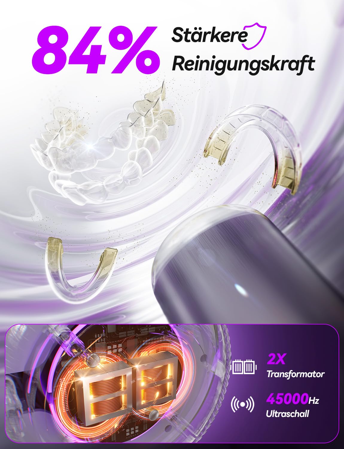Beser Ultraschallreinigungsgerät Zahnschiene, 46kHz, Zahnschiene Reinigung, Dental Aufbewahrungsdosen Pod Cleaner für Retainer, Gebissreiniger, Zahnprothesen, Schmuck, IPX6, 200ML (Rosa)