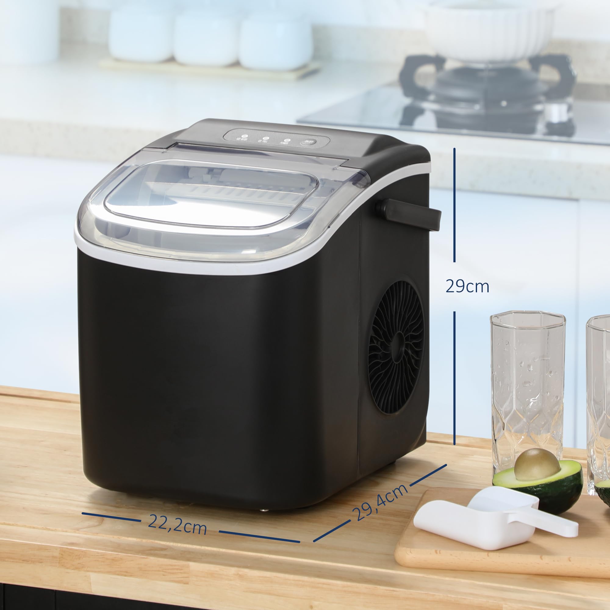 HOMCOM Eiswürfelmaschine, 12 kg/24h, 9 Eiswürfel in 6-12 Minuten, Selbstreinigender Eiswürfelbereiter mit Griff, Eisschaufel und Korb Ice Maker für Küche, RV, Camping