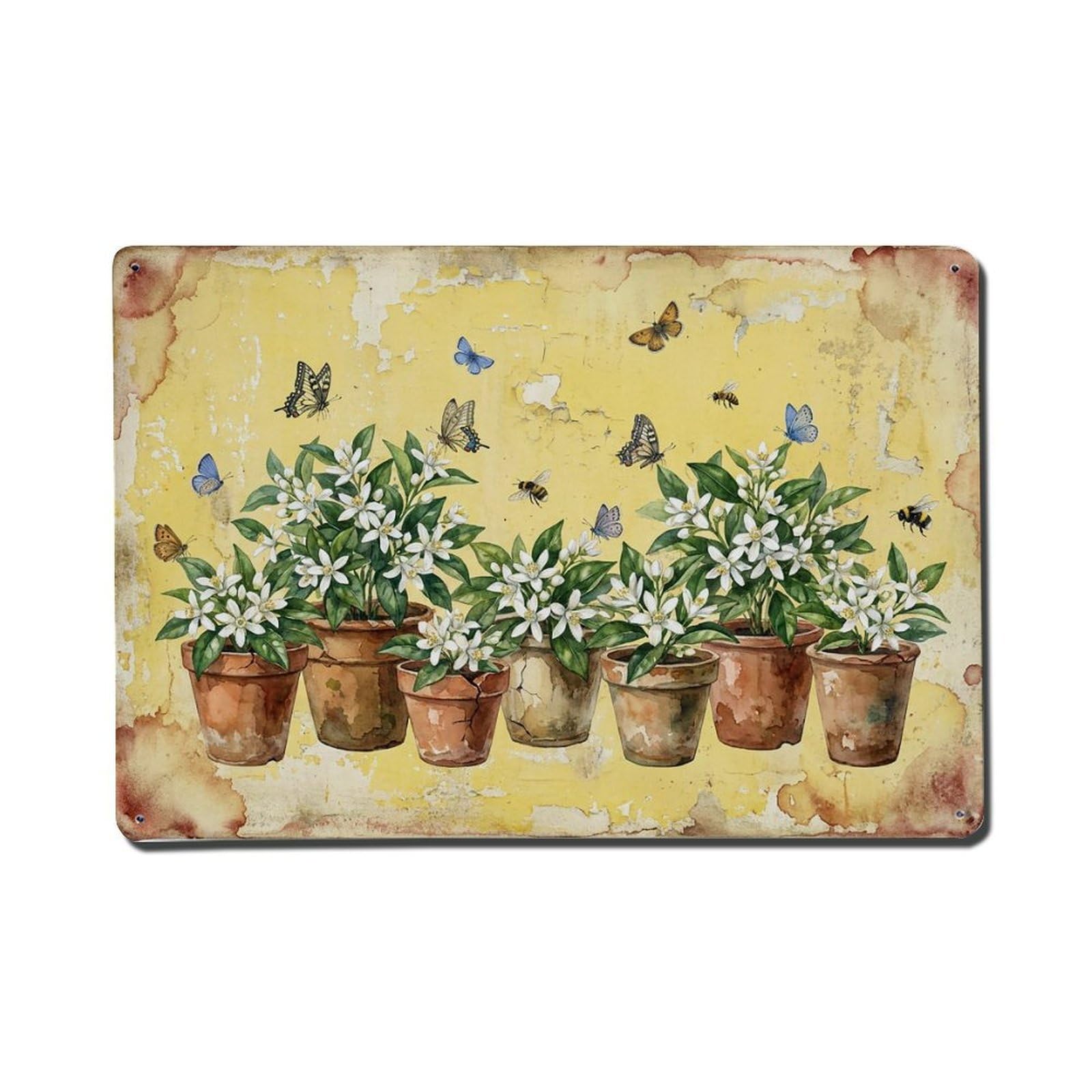 Vintage Rustic Flower Potted Plants Citrus Metal Tin Sign