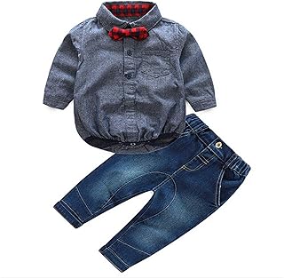 i3ckizce Baby,Clothing,Baby Boys 0-24m,Outfits & Clothing Sets i3ckizce 2pcs Toddler Boys' Baby Clothes Outfit, Long Sleeved Romper with Bow Tie Shirt +Jeans Trousers Gentleman Suit Infant Baby boy 6-24 Months