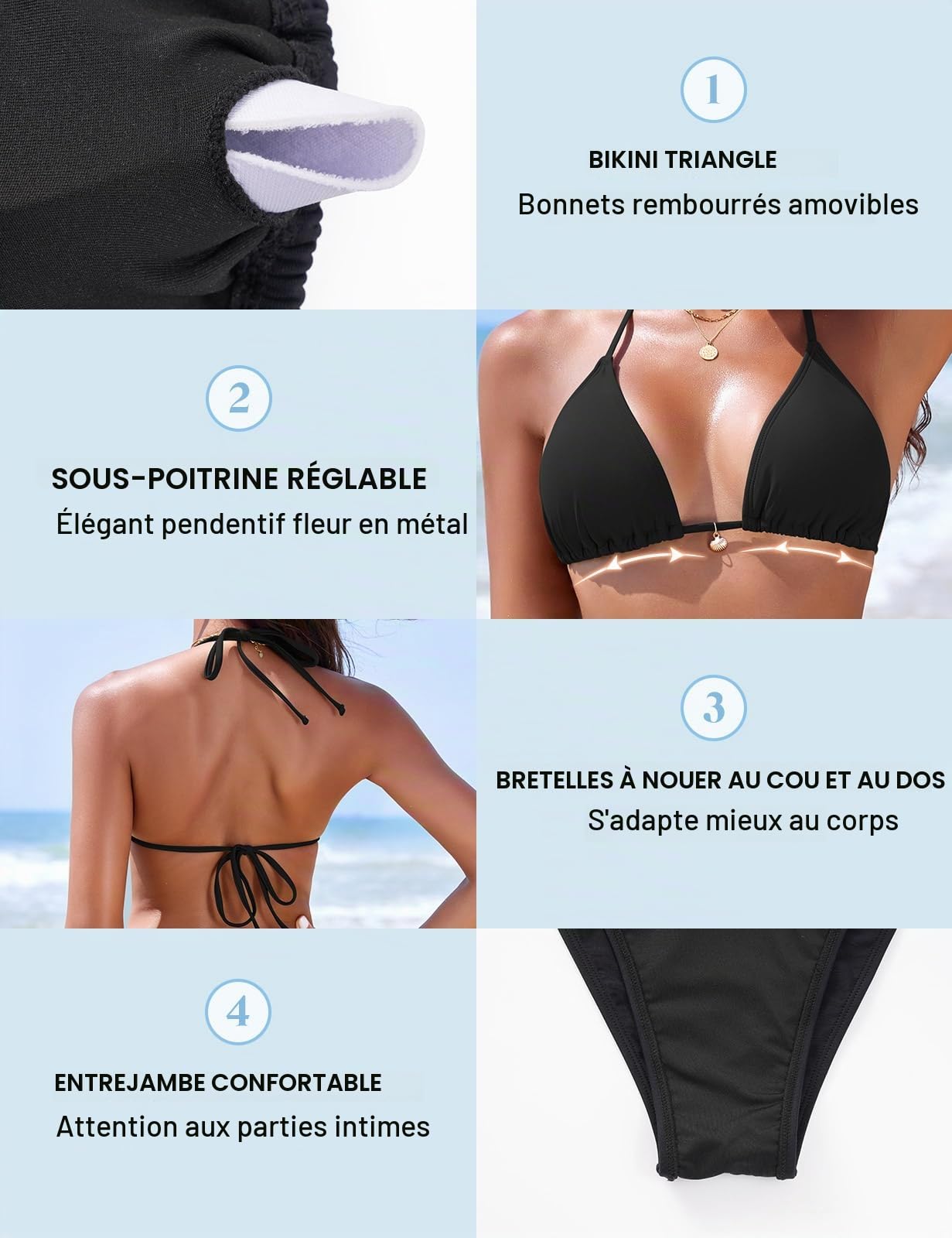 Maillot De Bain Femme 2 Pieces Push Up Rembourré Ventre Plat Sexy Halter Triangle Bikini Maillots Deux Pièce Swimsuit avec Pendentif Fleur
