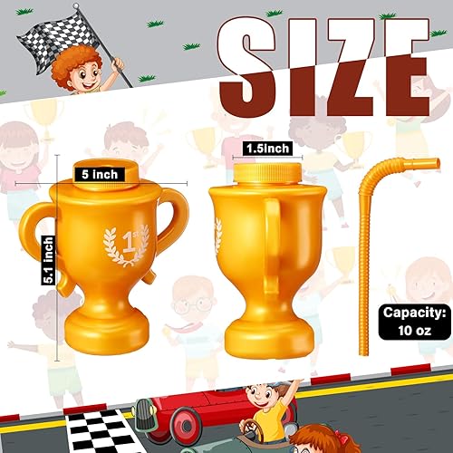 Miniatura 2 de Zubebe 12 tazas de trofeo de auto de carreras con popotes y tapas, vasos de plástico reutilizables de 10 onzas para niños, camiones monstruos,